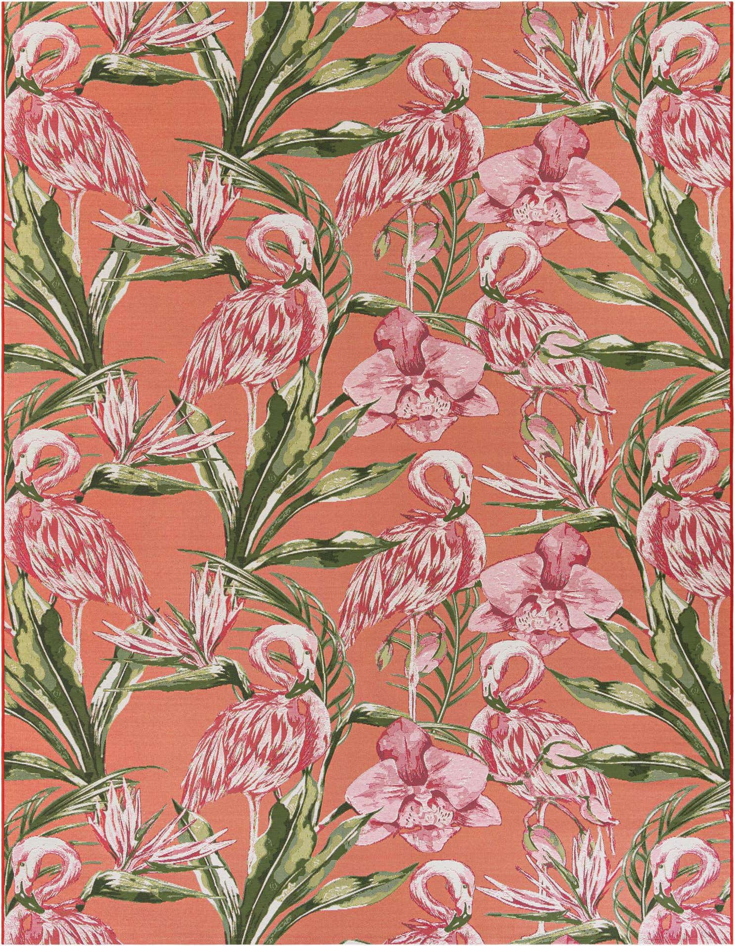A vibrant 9x12 rectangular rug with a modern floral pattern featuring pink flamingos, orchids, and green tropical leaves on an orange background.