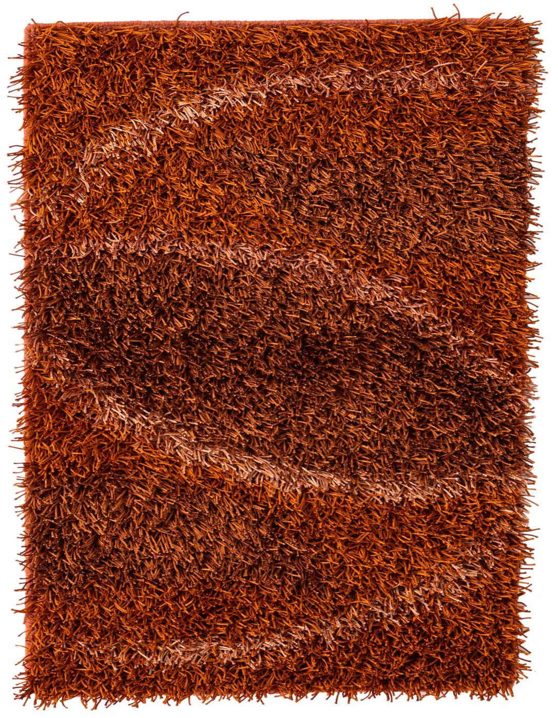 A 3x5 rectangular orange shag rug with subtle pink wavy lines, showcasing its soft, textured pile.