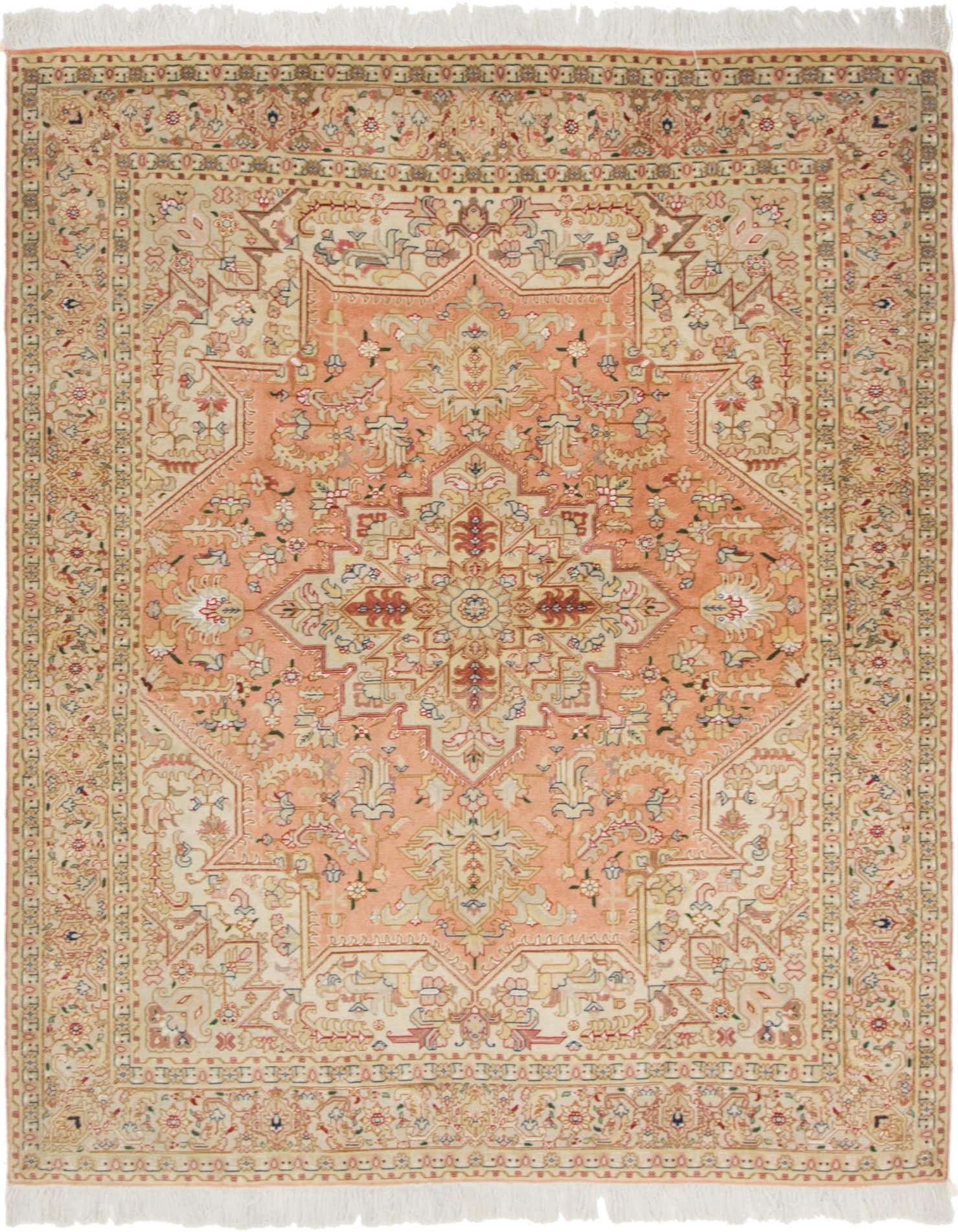 A 5x7 rectangular Persian Tabriz rug featuring a central medallion in shades of orange and pink, with intricate traditional patterns and a fringed border.