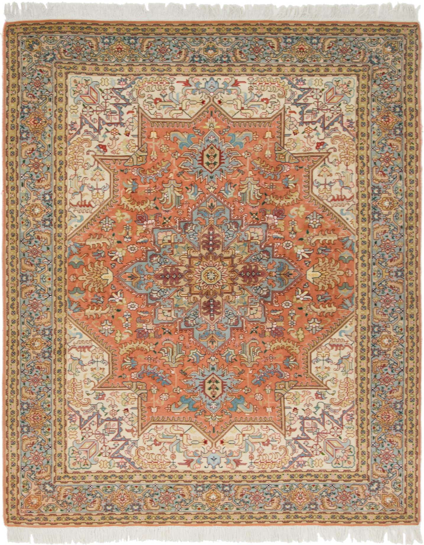 A 5x7 rectangular Persian rug featuring a central medallion in shades of orange, pink, blue, and cream, with intricate traditional patterns.