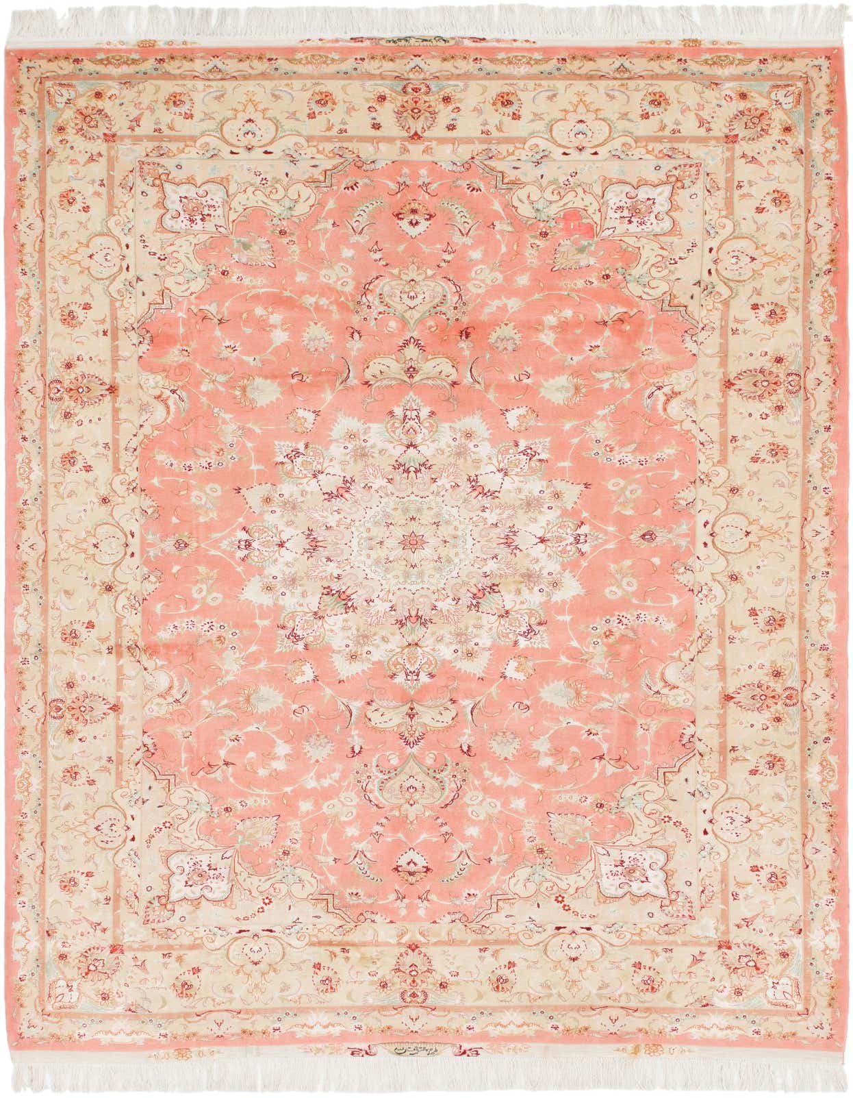 A 7x10 rectangular handmade Persian rug featuring a central medallion and botanical patterns in oranges, pinks, and creams.