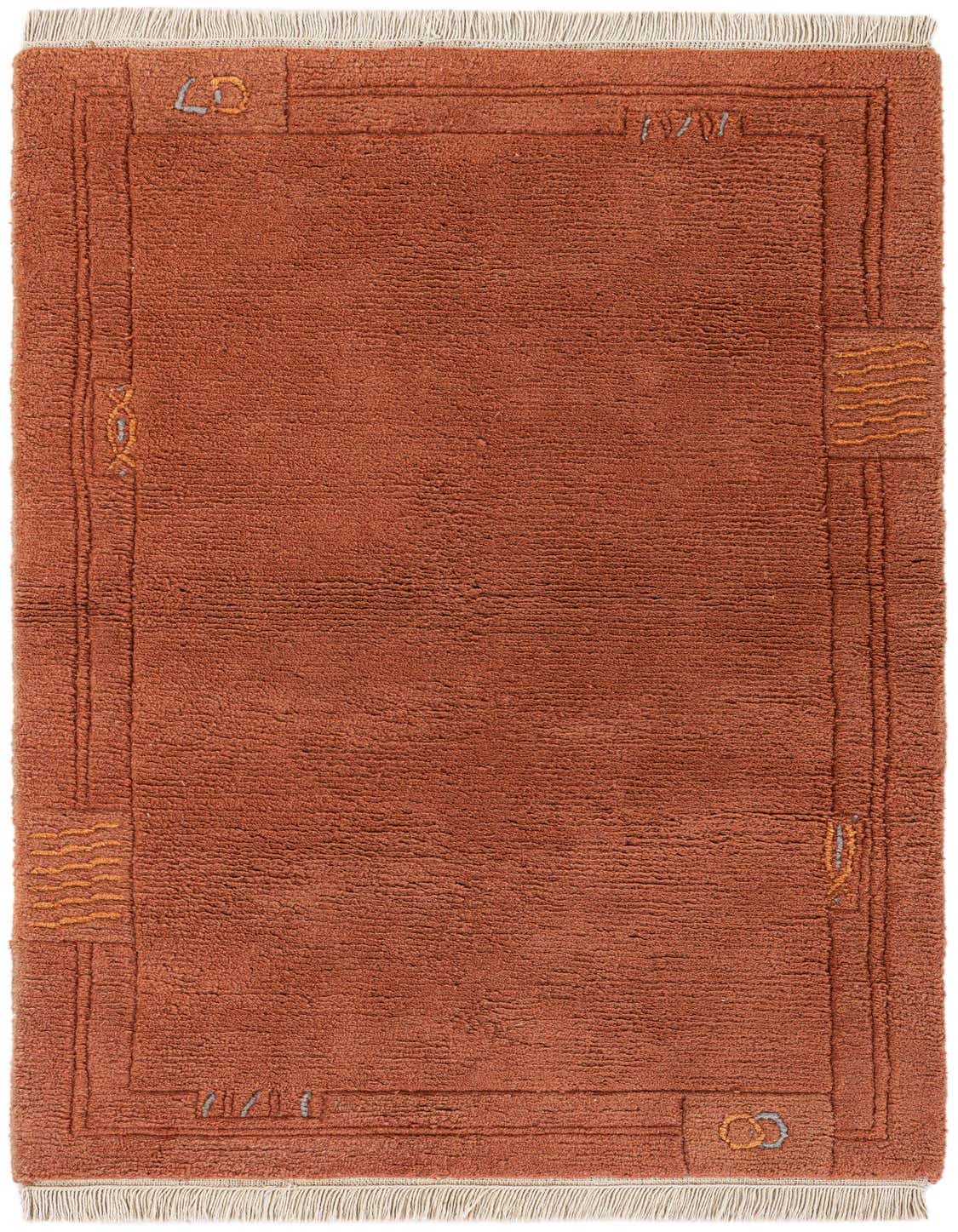 A 3x5 rectangular orange wool rug with a subtle modern abstract border design and white fringe.