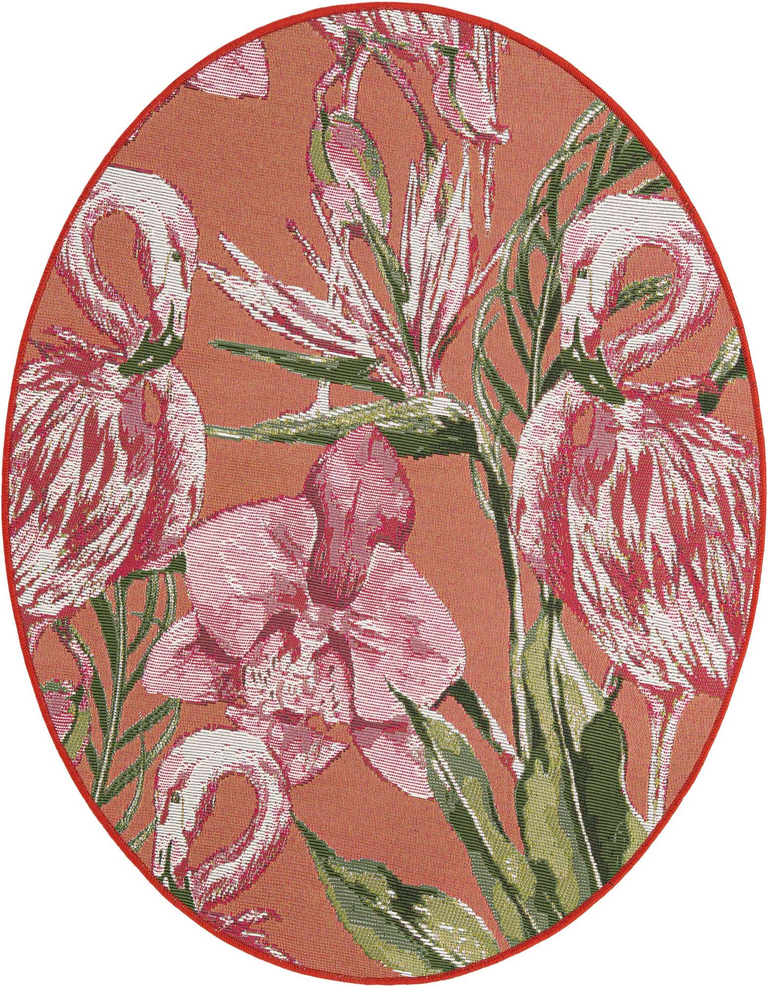 Round orange and pink rug featuring a modern tropical pattern with flamingos and large flowers, ideal for a patio.