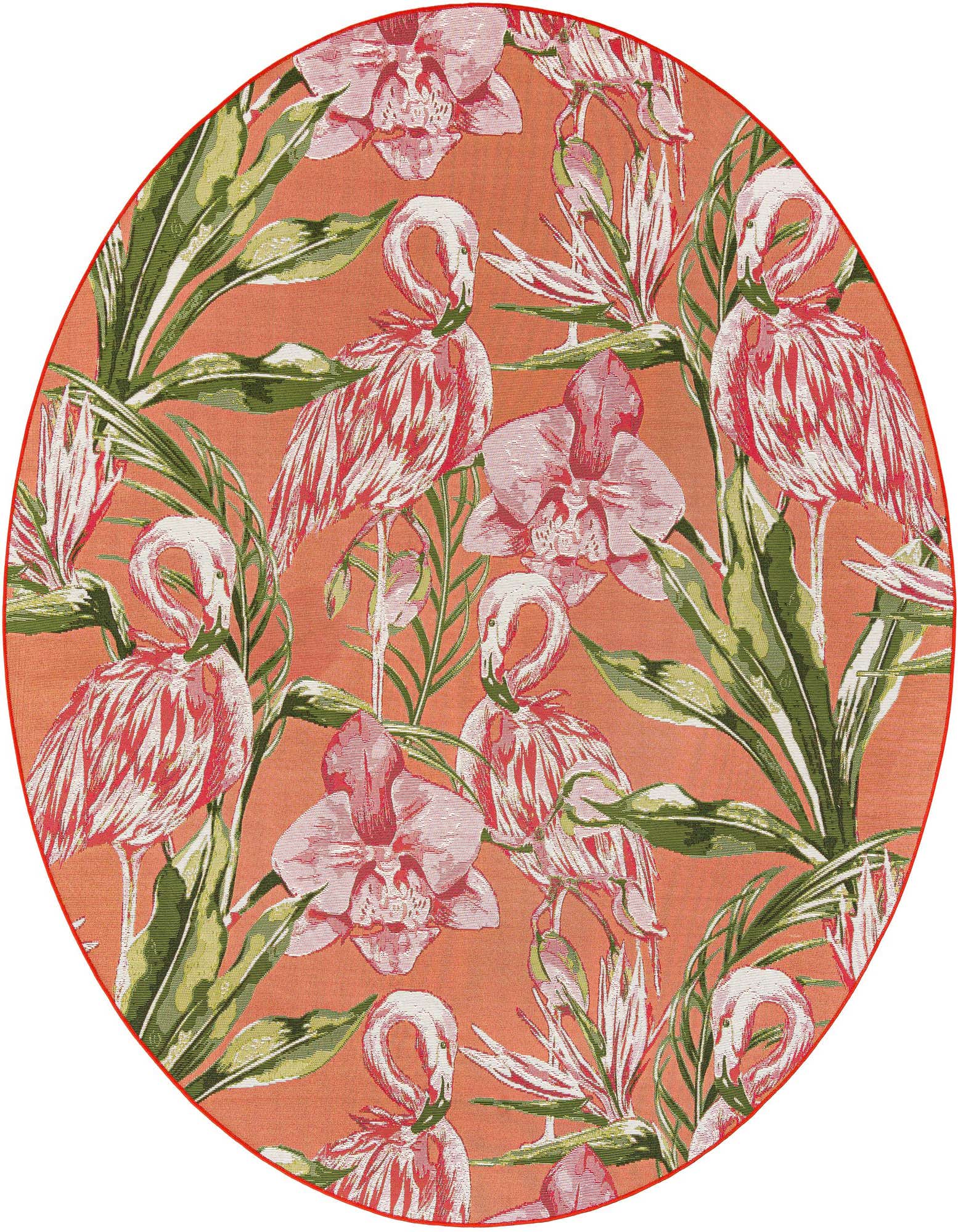A round orange indoor/outdoor rug with a modern floral pattern featuring pink flamingos, orchids, and green tropical leaves.