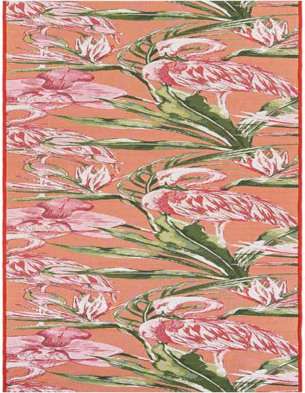 A 12 ft runner rug featuring a modern floral pattern with pink flamingos and green tropical leaves on an orange background.