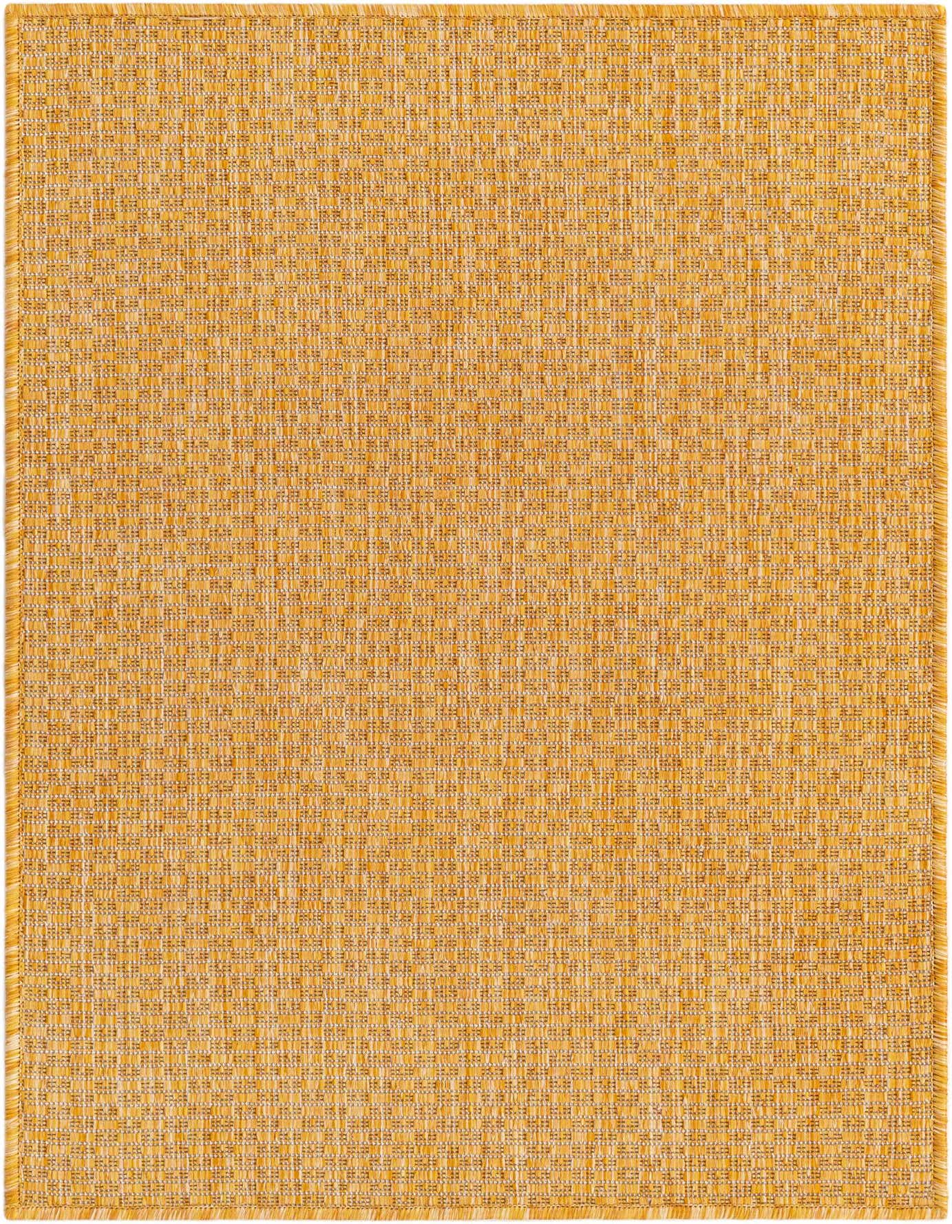 A 2x3 rectangular yellow and gold flatweave rug with a textured, modern solid pattern, suitable for indoor or outdoor use.