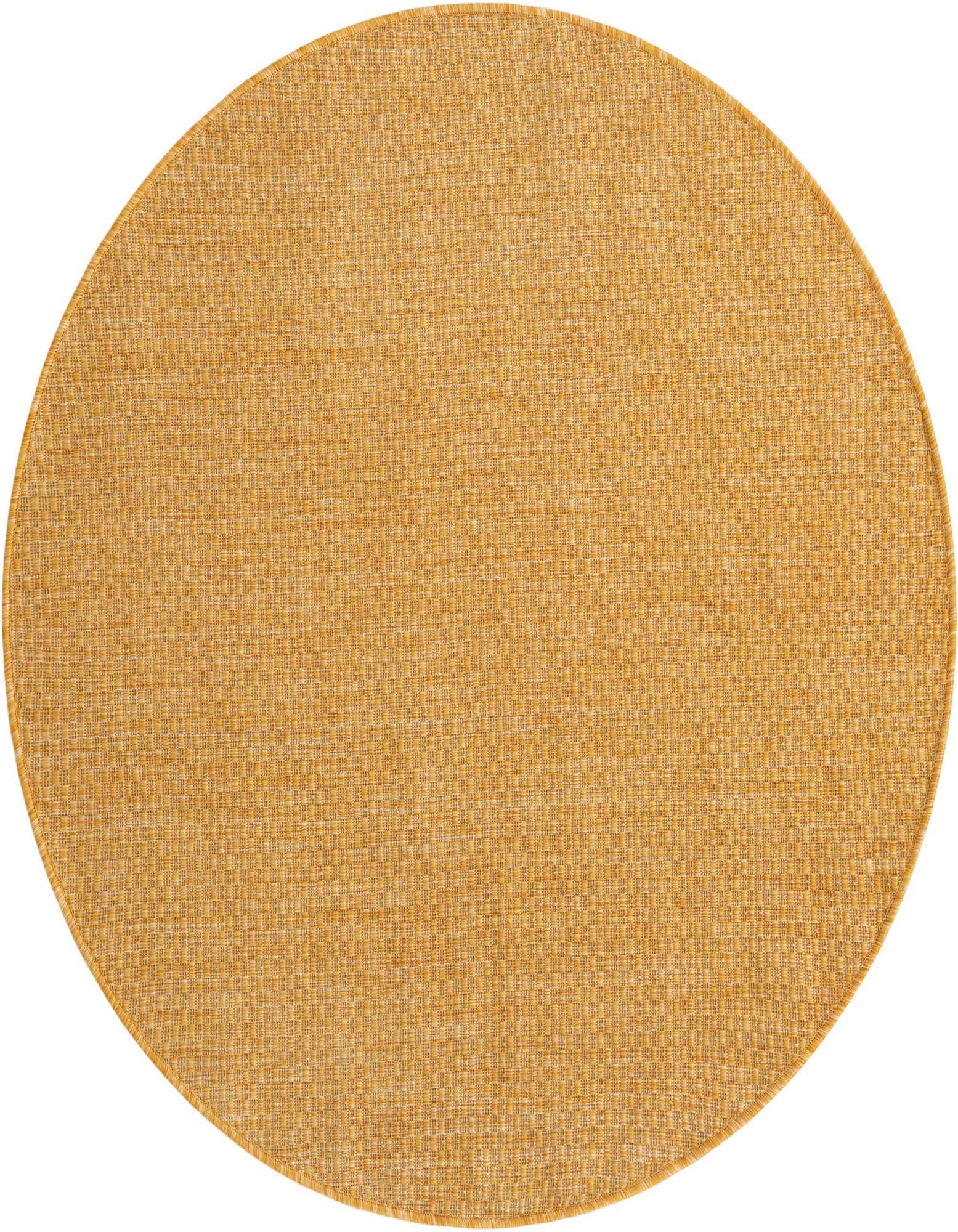 A 4' round yellow indoor/outdoor rug with a flat, textured weave, perfect for a patio.