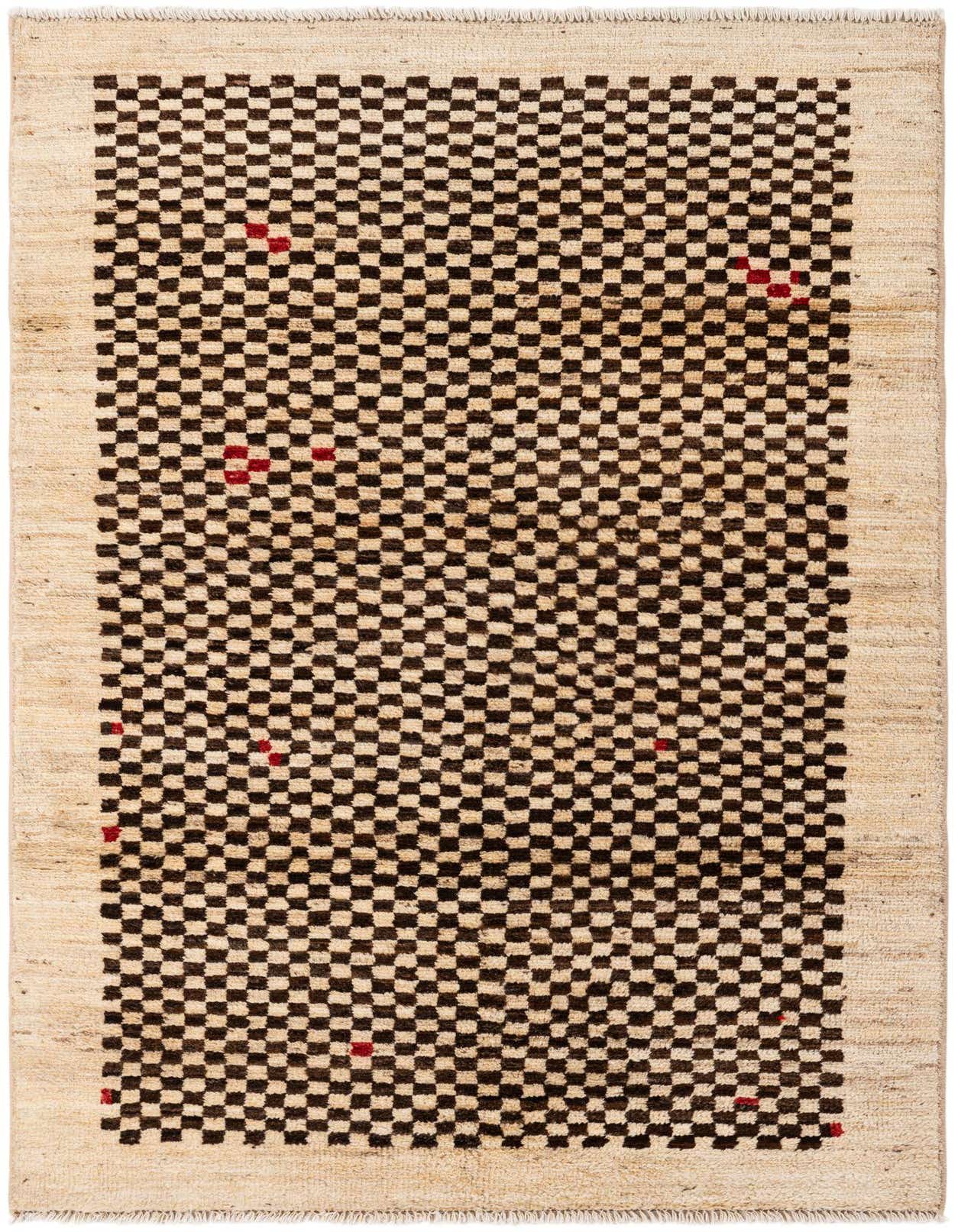 A 4x6 rectangular Darya rug with a modern checkerboard pattern in cream and brown, featuring small red accents.