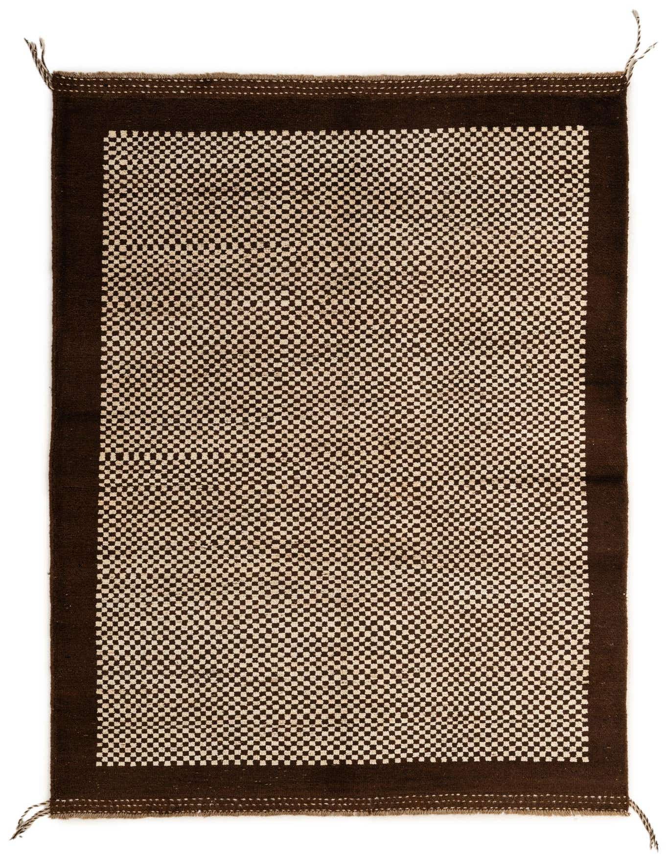 A 5x8 rectangular Darya rug with a cream and brown checkerboard pattern center and a solid brown border, handmade from wool.