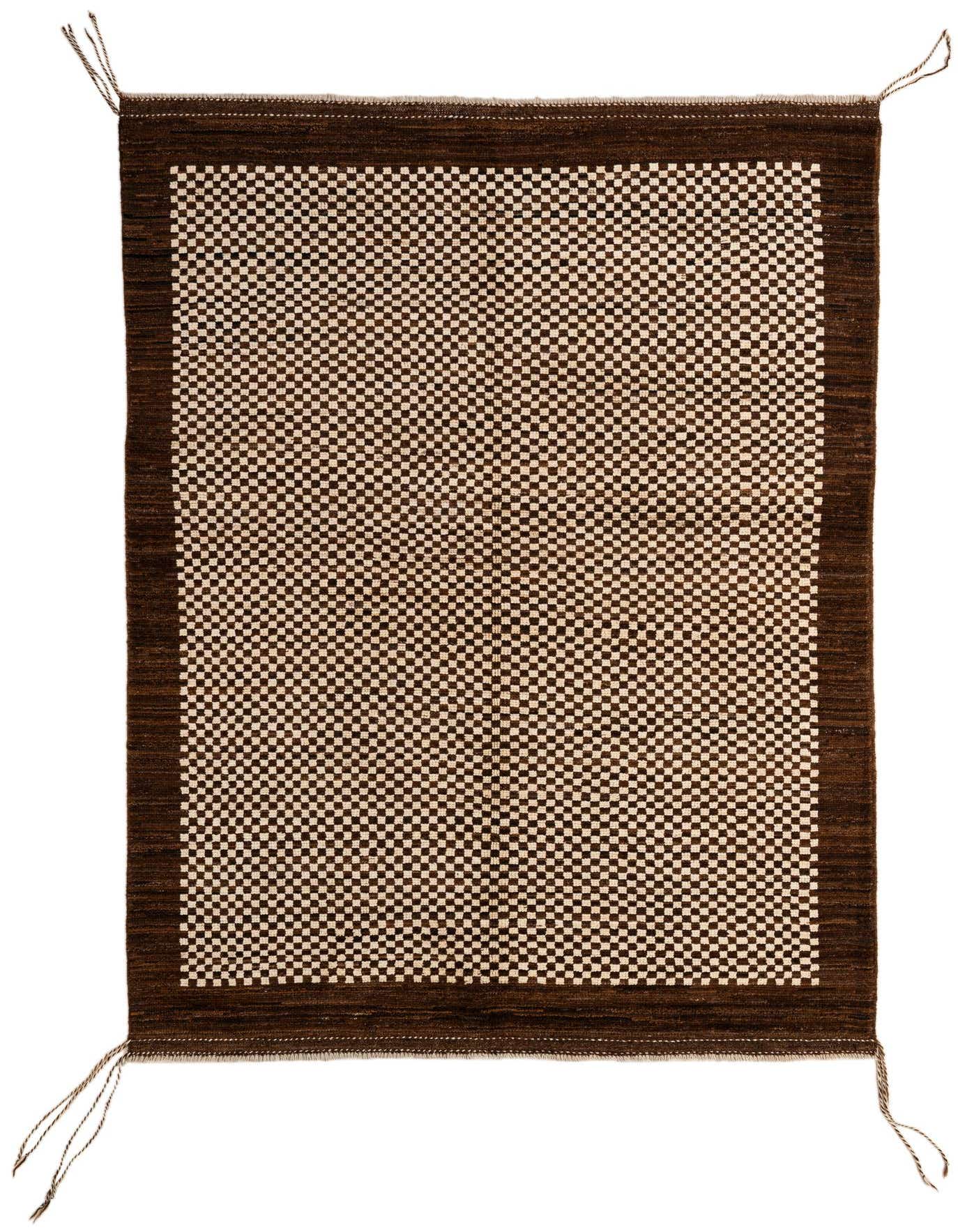 A 5x7 rectangular Moroccan tribal rug in cream and brown, featuring a tight checkerboard pattern with a solid brown border and braided tassels.