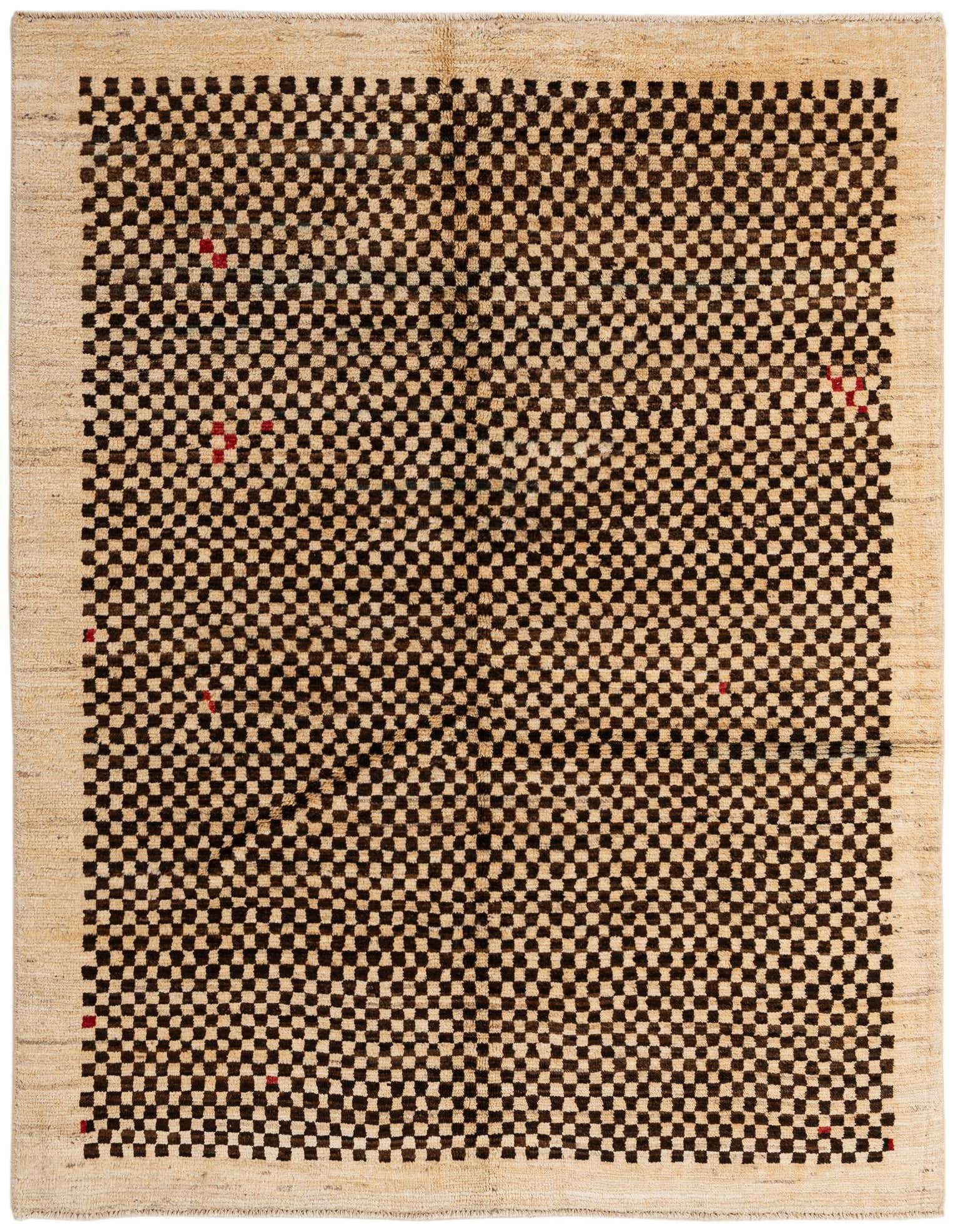 A 5x7 rectangular cream and brown wool rug featuring a dense checkerboard pattern with small red accents.