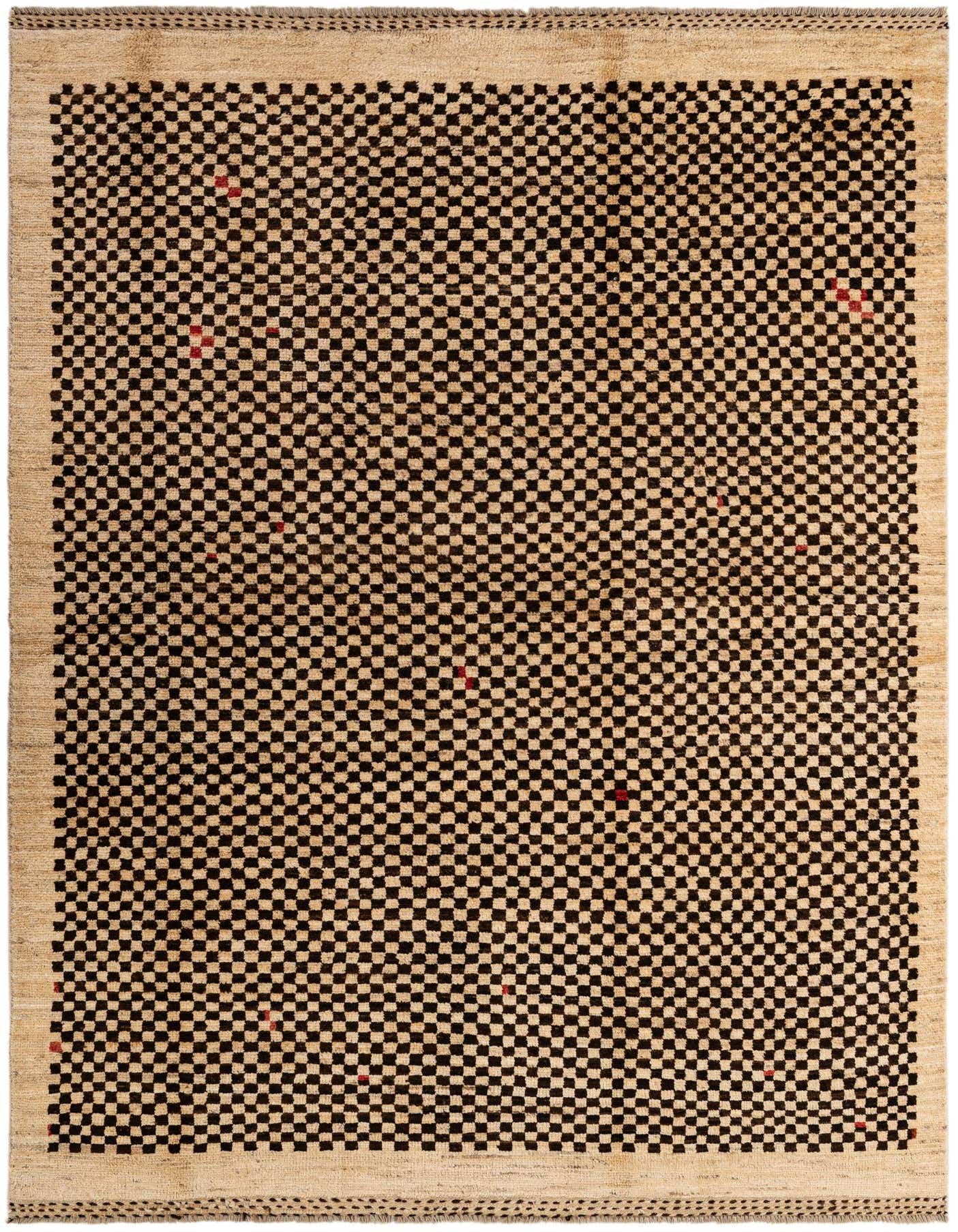 A 5x8 rectangular cream and brown tribal wool rug with a checkerboard pattern and subtle red accents.