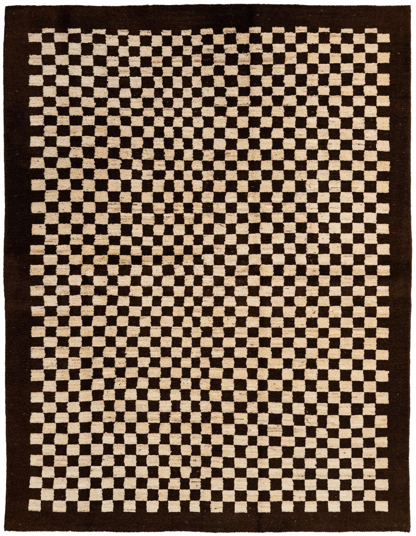 A 5x8 rectangular Moroccan wool rug with a cream and brown checkerboard pattern and a solid brown border.