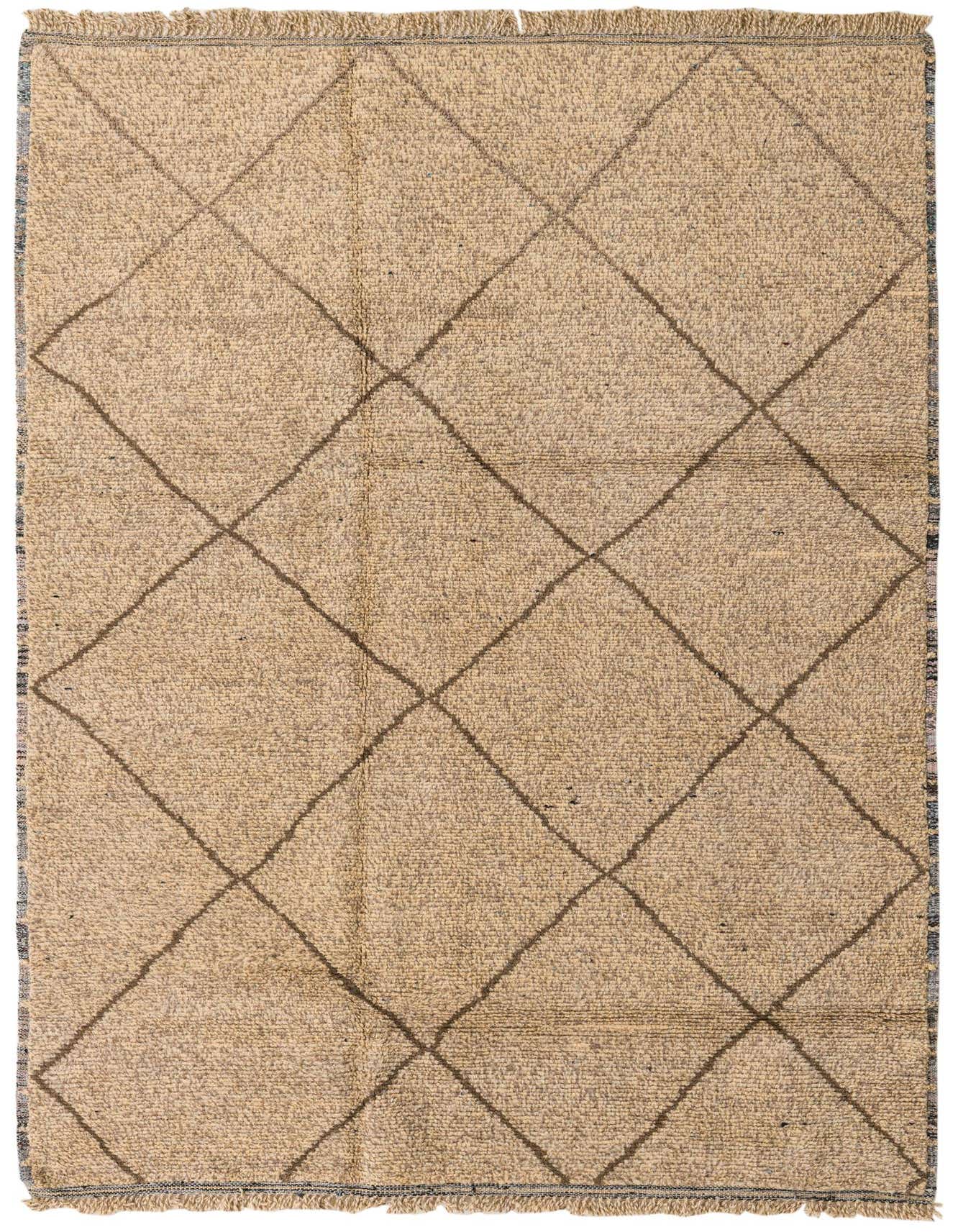 A 6x9 rectangular Moroccan shag rug in ivory and cream with a gray tribal diamond pattern, ideal for a living room.