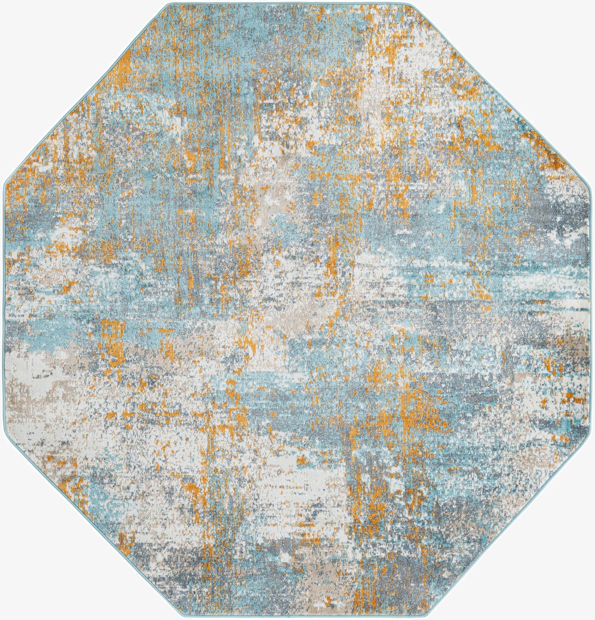 Octagon-shaped modern abstract rug with a distressed pattern in shades of blue, orange, and gray.