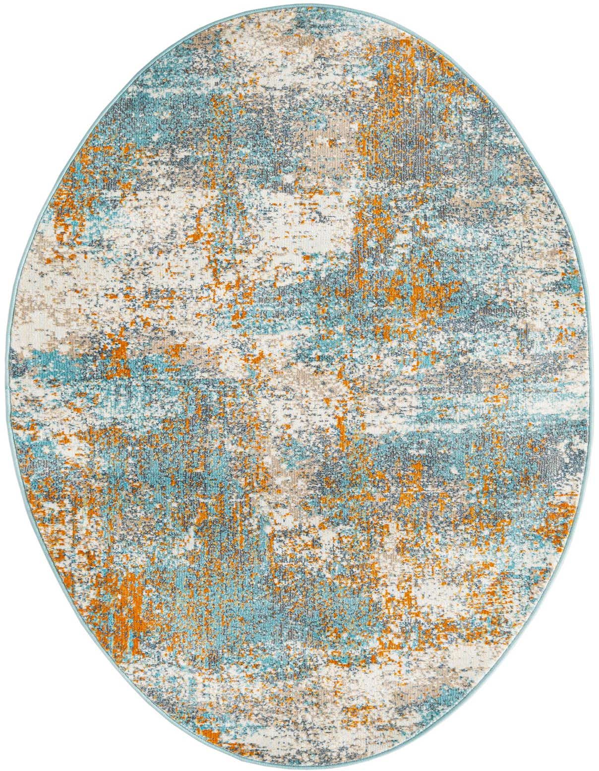 An oval 3' 3 x 5' 3 modern abstract rug with a distressed pattern in shades of blue, orange, grey, and cream.