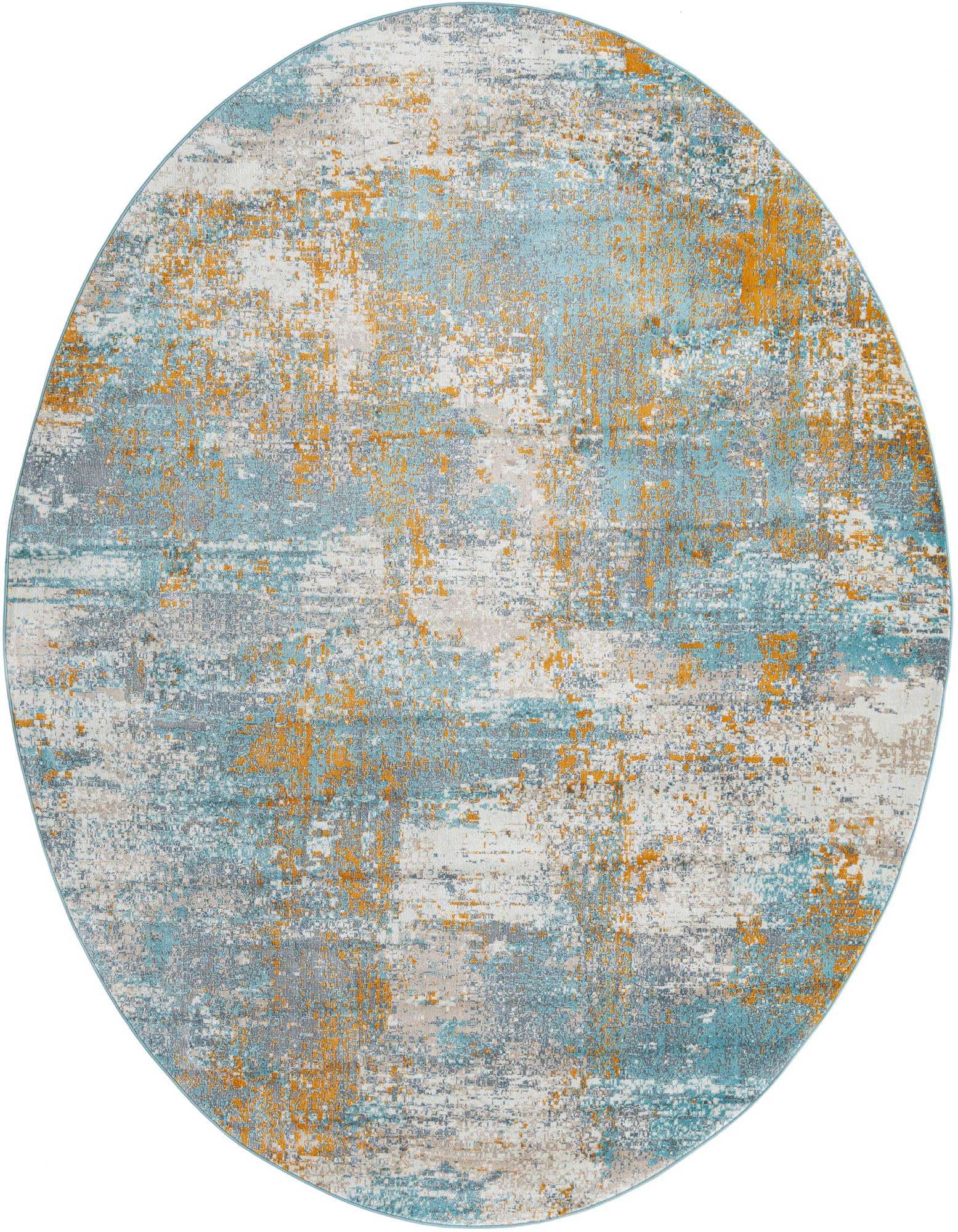 An 8' 2 x 10' 0 oval rug with a modern abstract pattern in shades of blue, orange, gray, and white.
