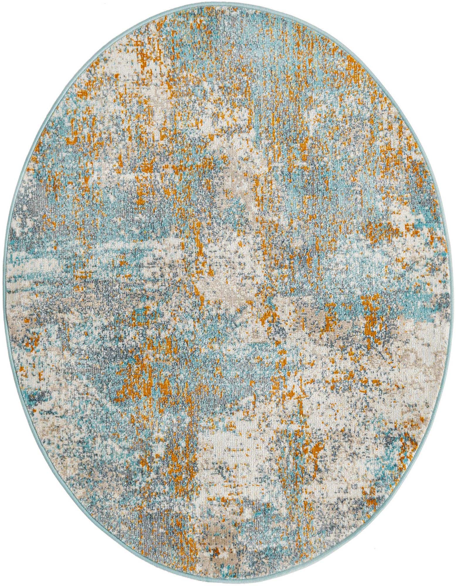 A 3' 3 x 3' 3 round modern abstract rug in shades of blue, orange, and grey, ideal for an indoor patio.