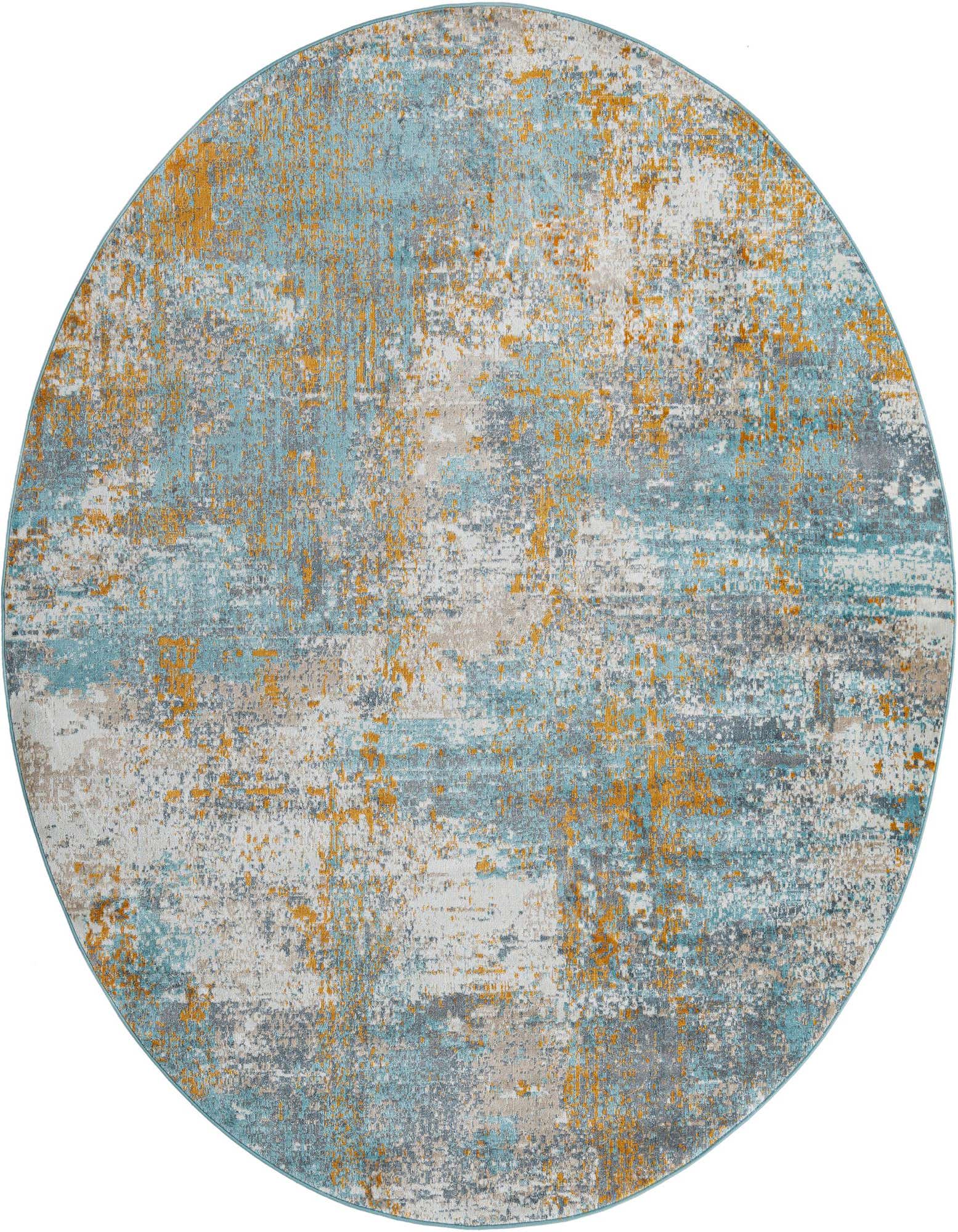 A round 8' 2 x 8' 2 Rugs.com Paragon rug with an abstract modern pattern in blues, grays, and gold tones.