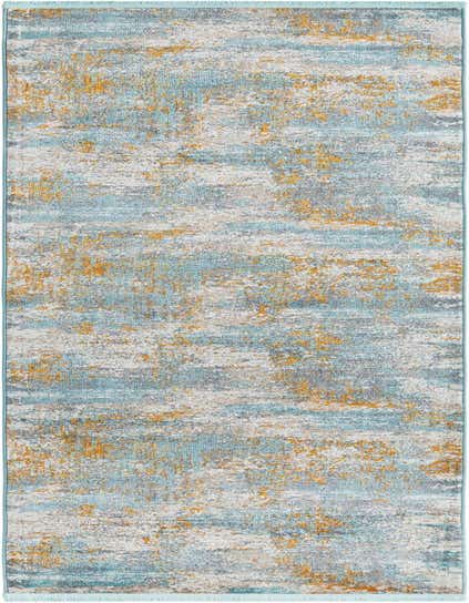 A 12 ft runner rug featuring an abstract, modern pattern in shades of blue, grey, and hints of orange, ideal for a hallway.