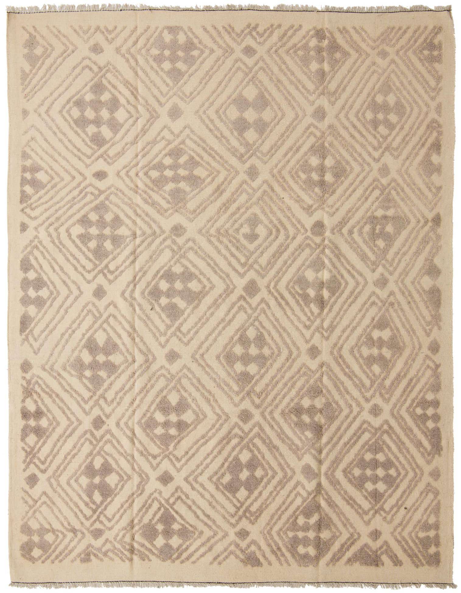 A 9x12 rectangular ivory and gray wool rug featuring a textured modern geometric diamond pattern with fringe.