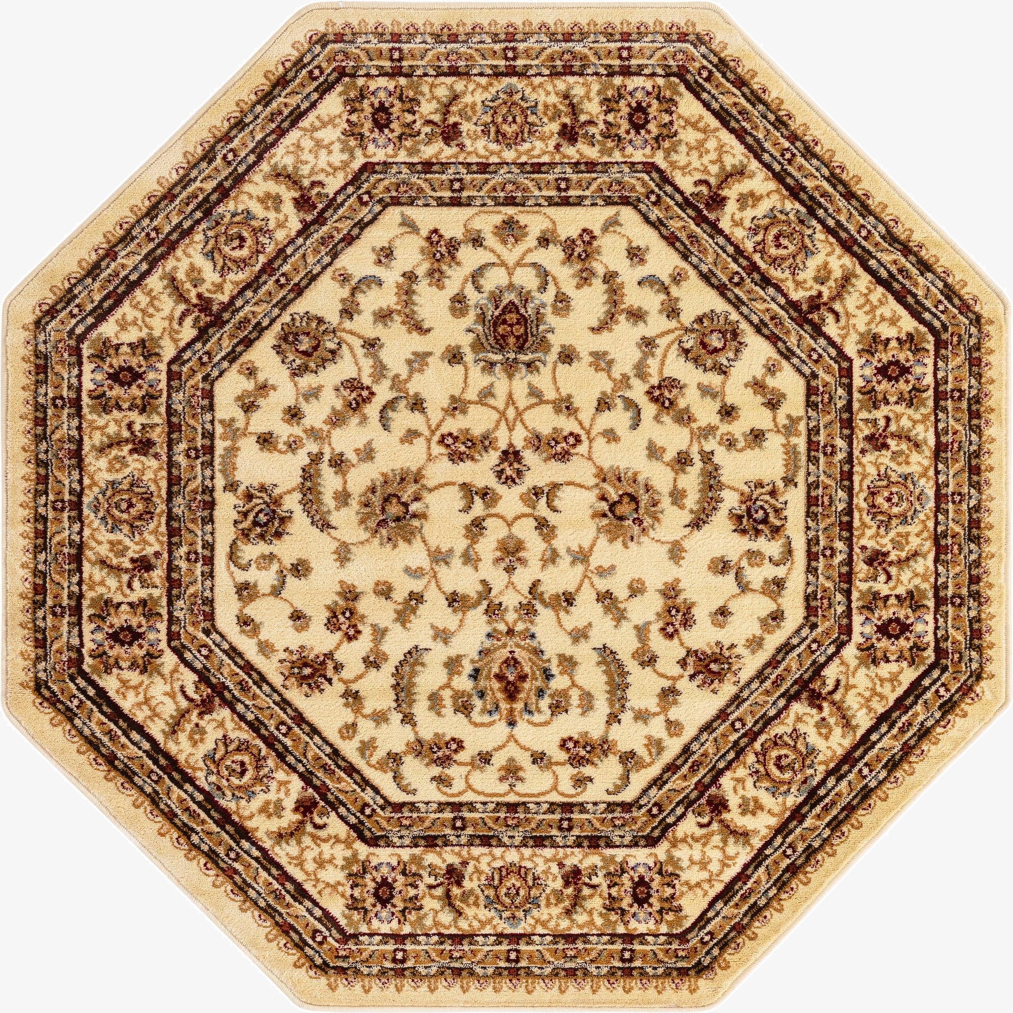 An octagon-shaped ivory traditional rug with an ornate floral and vine pattern in shades of cream, brown, and burgundy.