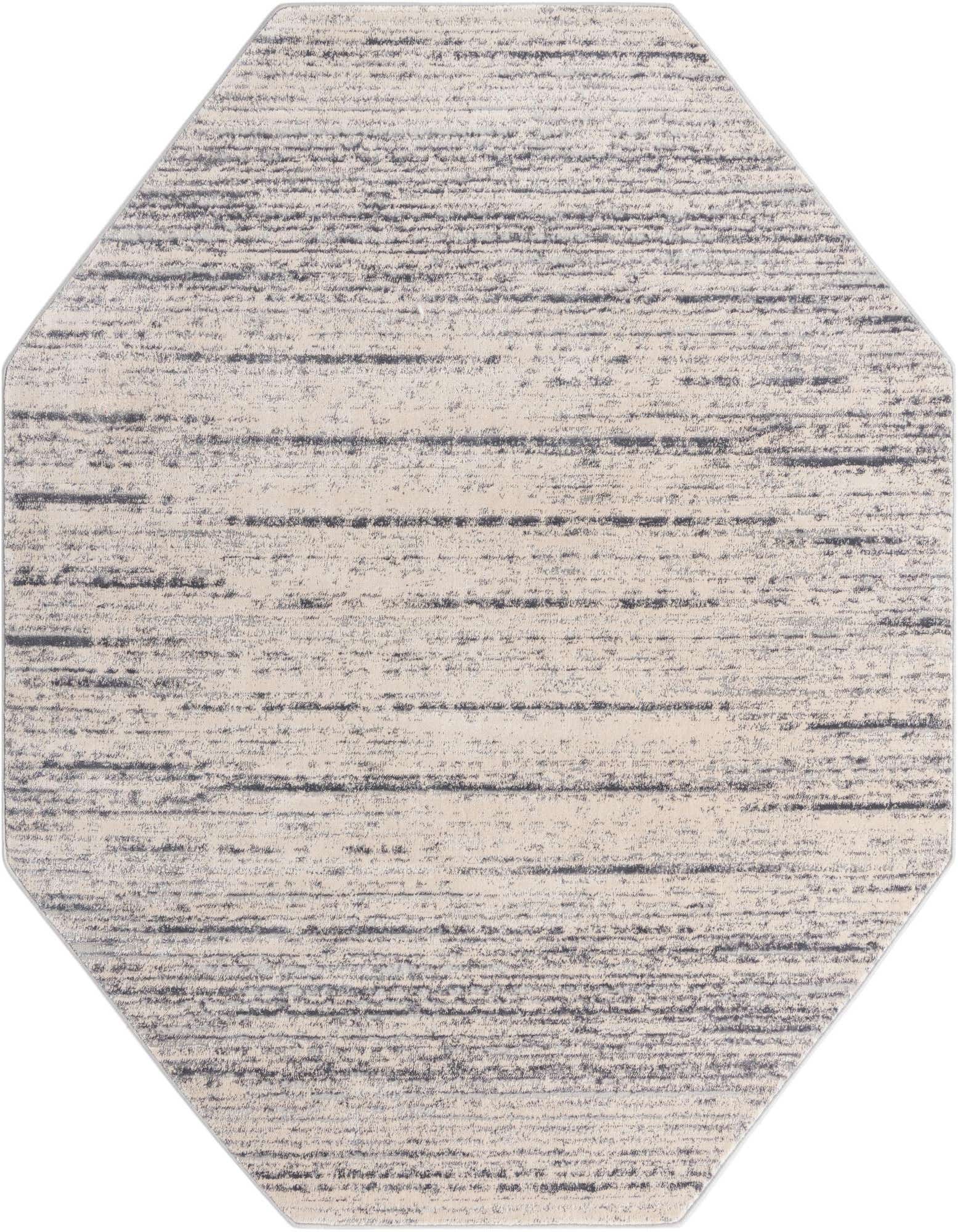 An octagon-shaped Rugs.com Oasis rug in ivories and creams with a modern, textured horizontal stripe pattern.