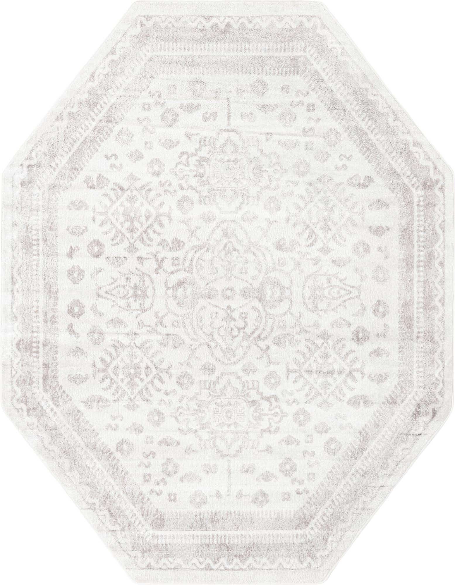 An ivory 7' 0 x 7' 0 octagon rug with a subtle traditional medallion and border pattern, suitable for indoor spaces.