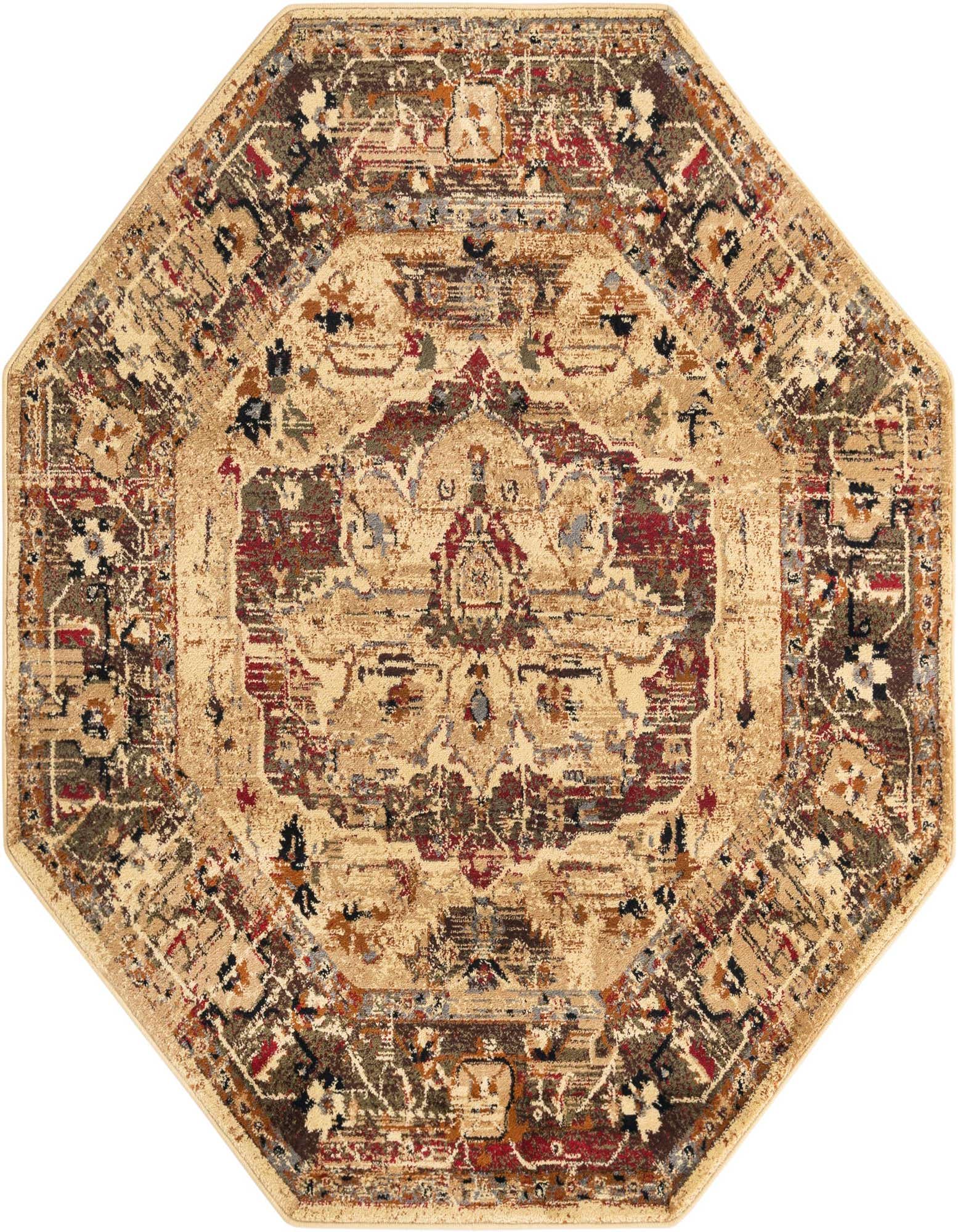 Octagon ivory and cream traditional rug with a distressed medallion pattern in red, blue, and brown.