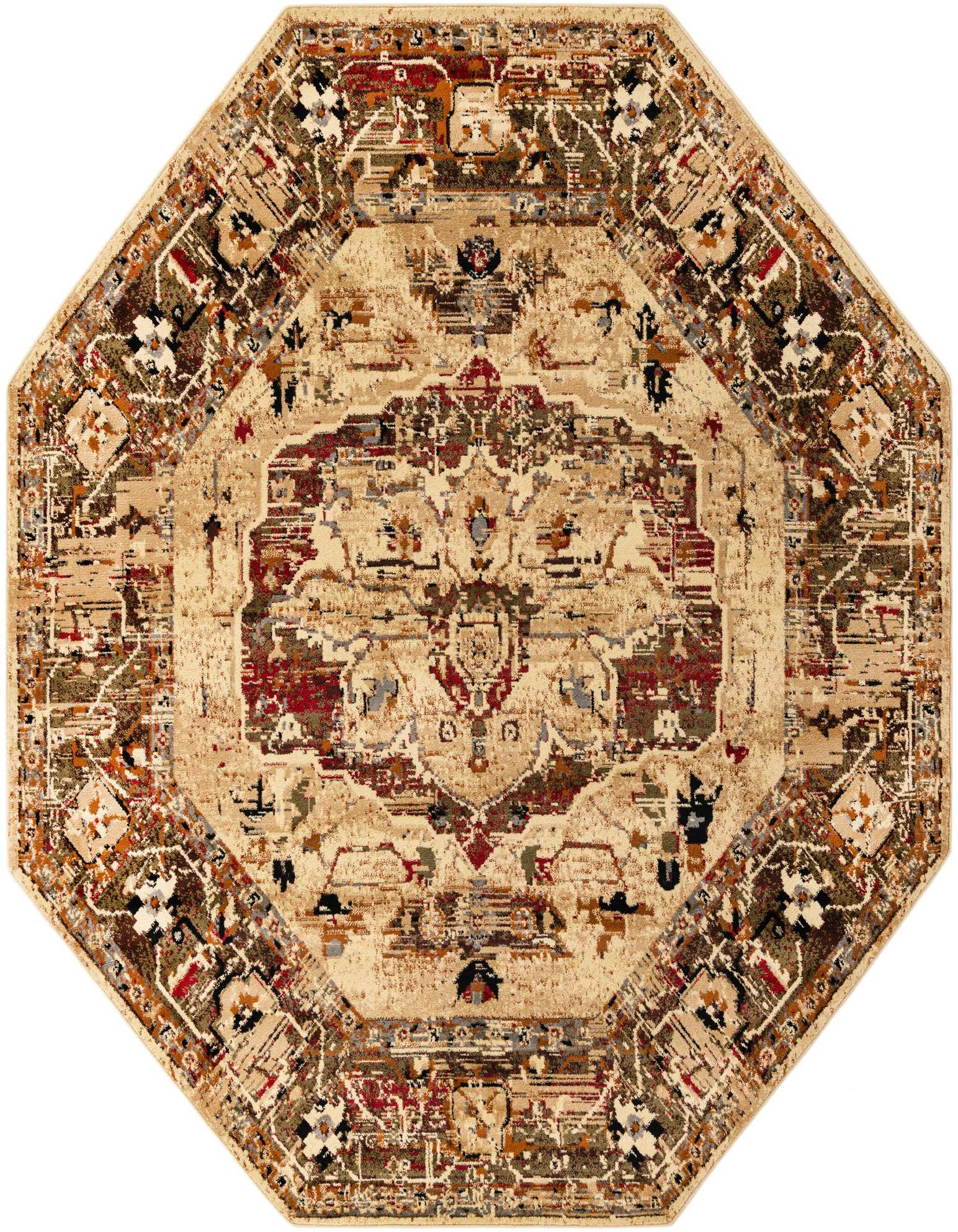 An 8' 0 x 8' 0 octagon ivory traditional rug with a distressed medallion pattern in reds, browns, and creams.