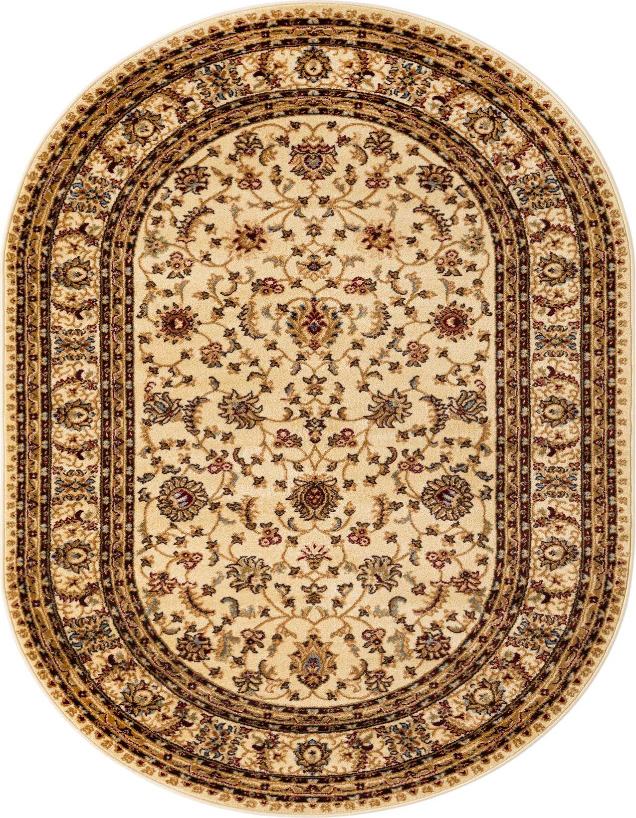 An oval 5'3" x 8'0" ivory traditional rug with a detailed floral and oriental pattern and a dark border.