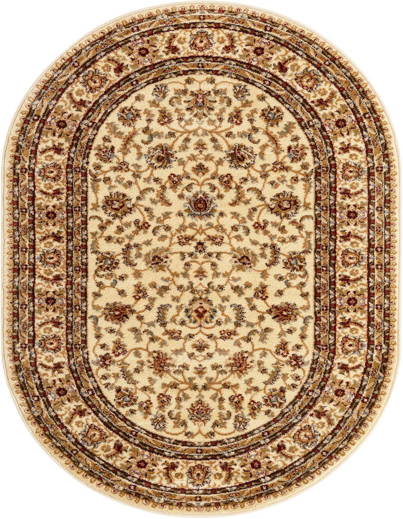 An oval 4' x 6' ivory traditional rug with a detailed floral and oriental pattern in shades of cream, brown, and red, perfect for an indoor setting.