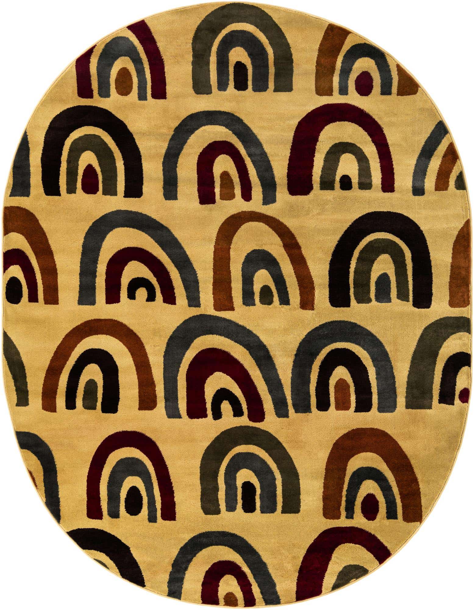 An oval ivory rug with a modern pattern of repeating, multi-colored rainbow arches in shades of brown, black, and maroon.