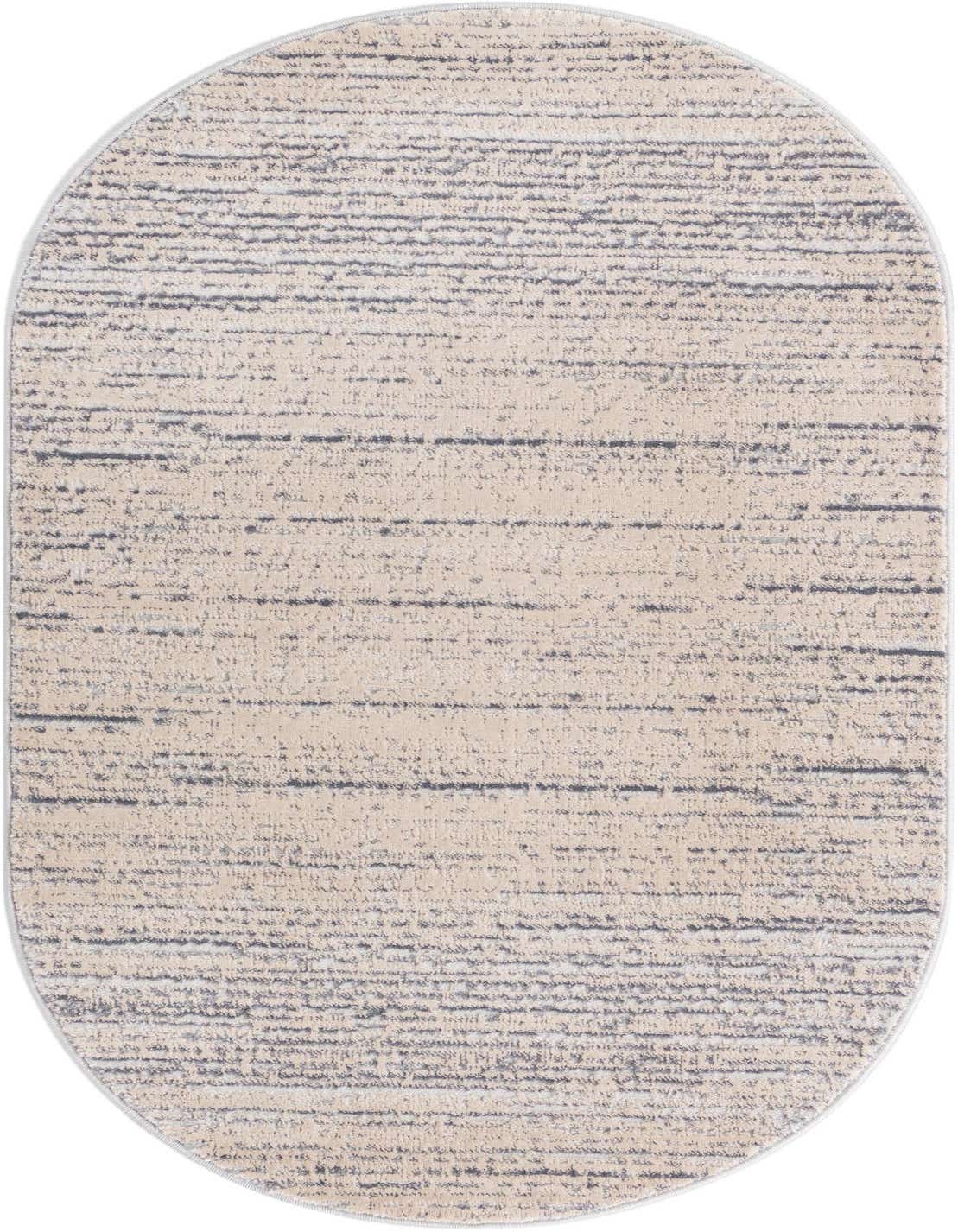 An oval ivory and cream rug with a textured, modern striped pattern in varying shades of gray, suitable for an indoor living space.