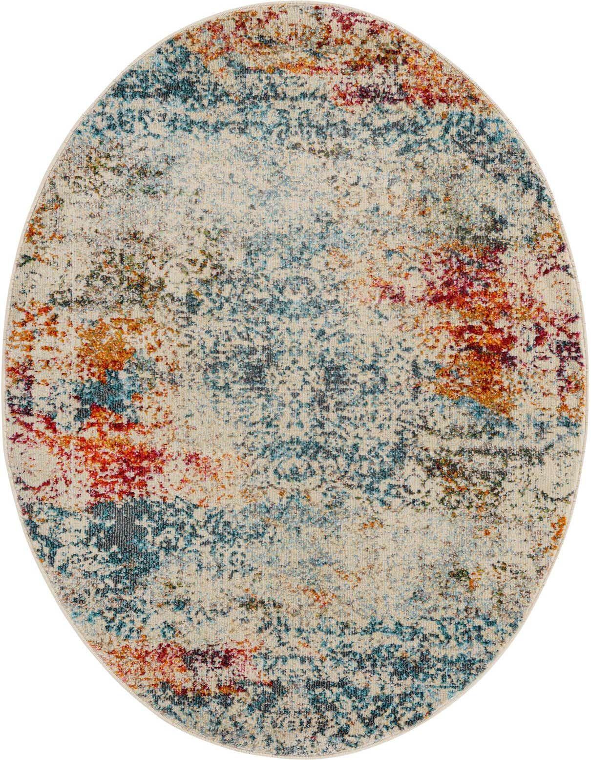An oval ivory rug with an eclectic, modern abstract pattern in shades of blue, orange, red, and cream.