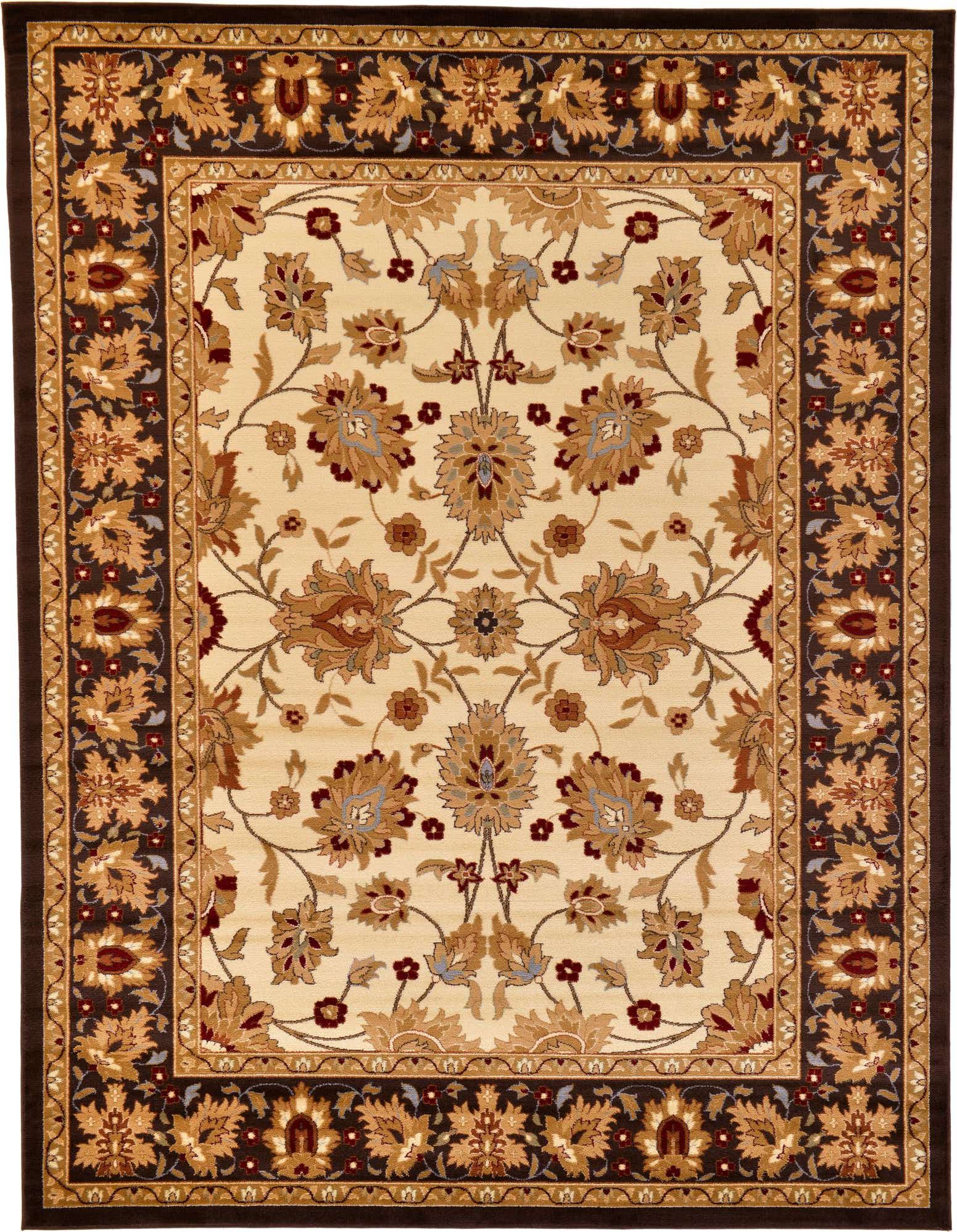 A 9x12 rectangular ivory traditional rug with a detailed floral pattern and a dark brown border.