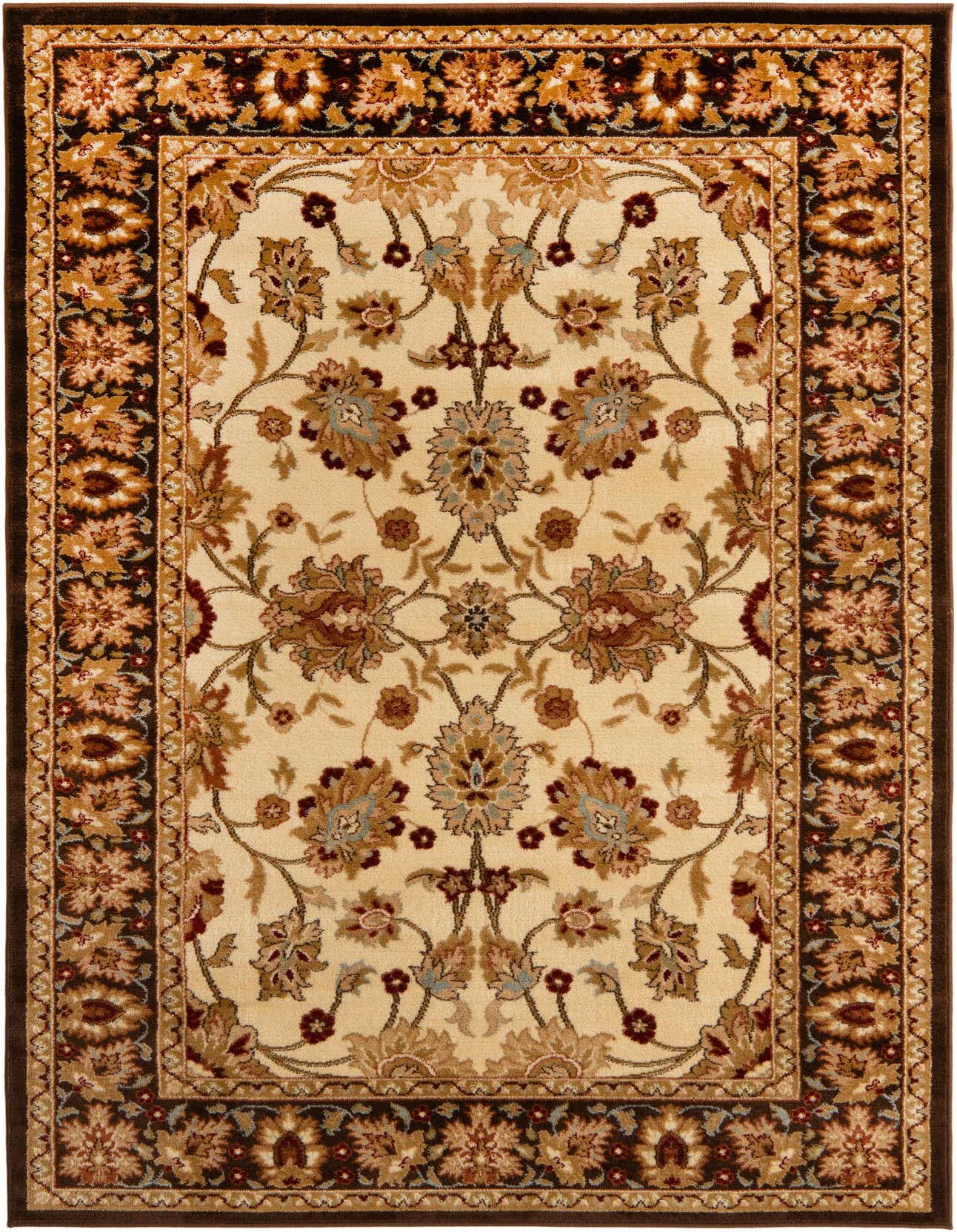 A 5x8 rectangular Aditi rug featuring an ivory field with a traditional floral pattern and a dark brown border.