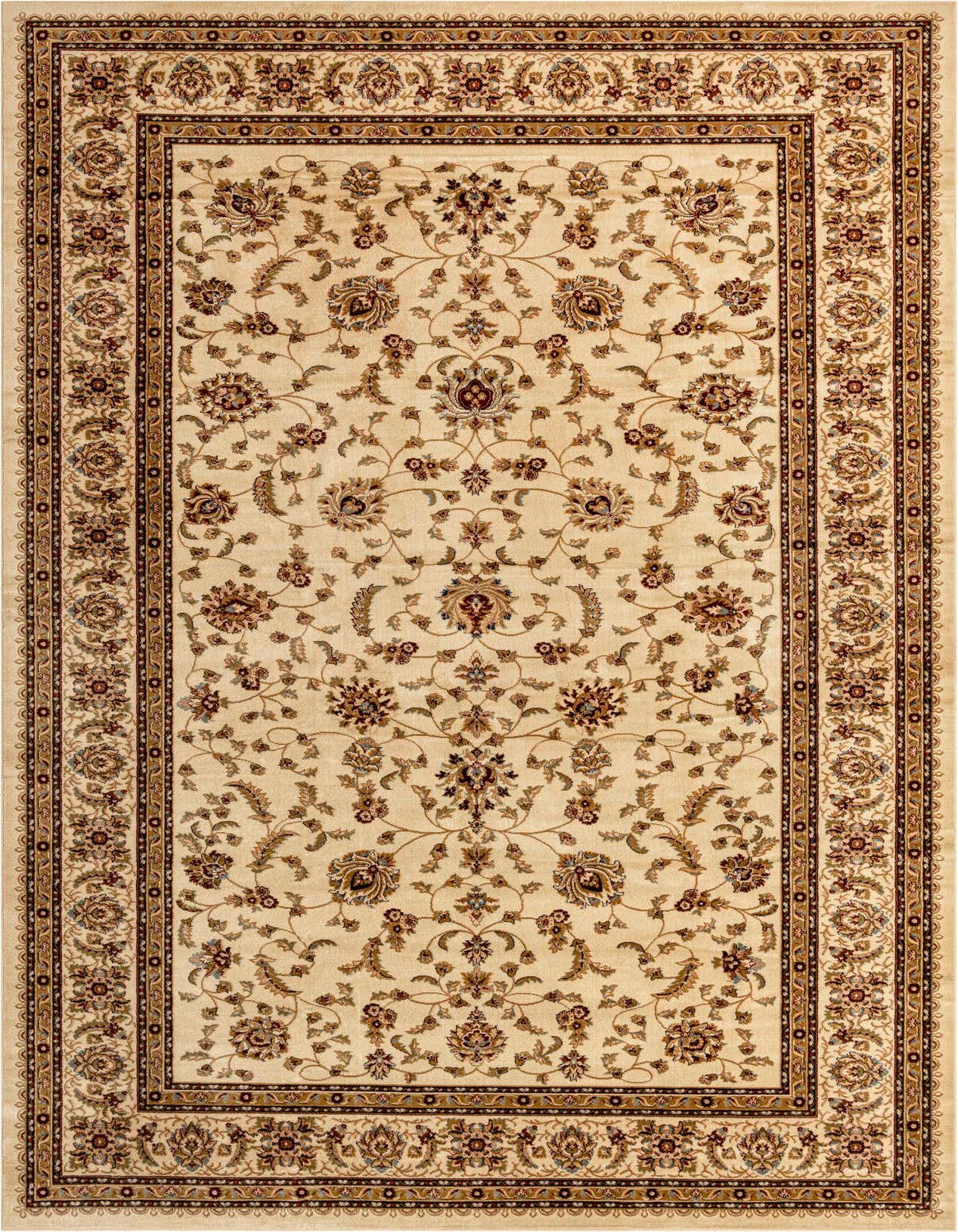 A 10x16 rectangular Aditi Collection rug featuring an ivory field with an intricate traditional floral pattern and a detailed border in creams, browns, and reds.