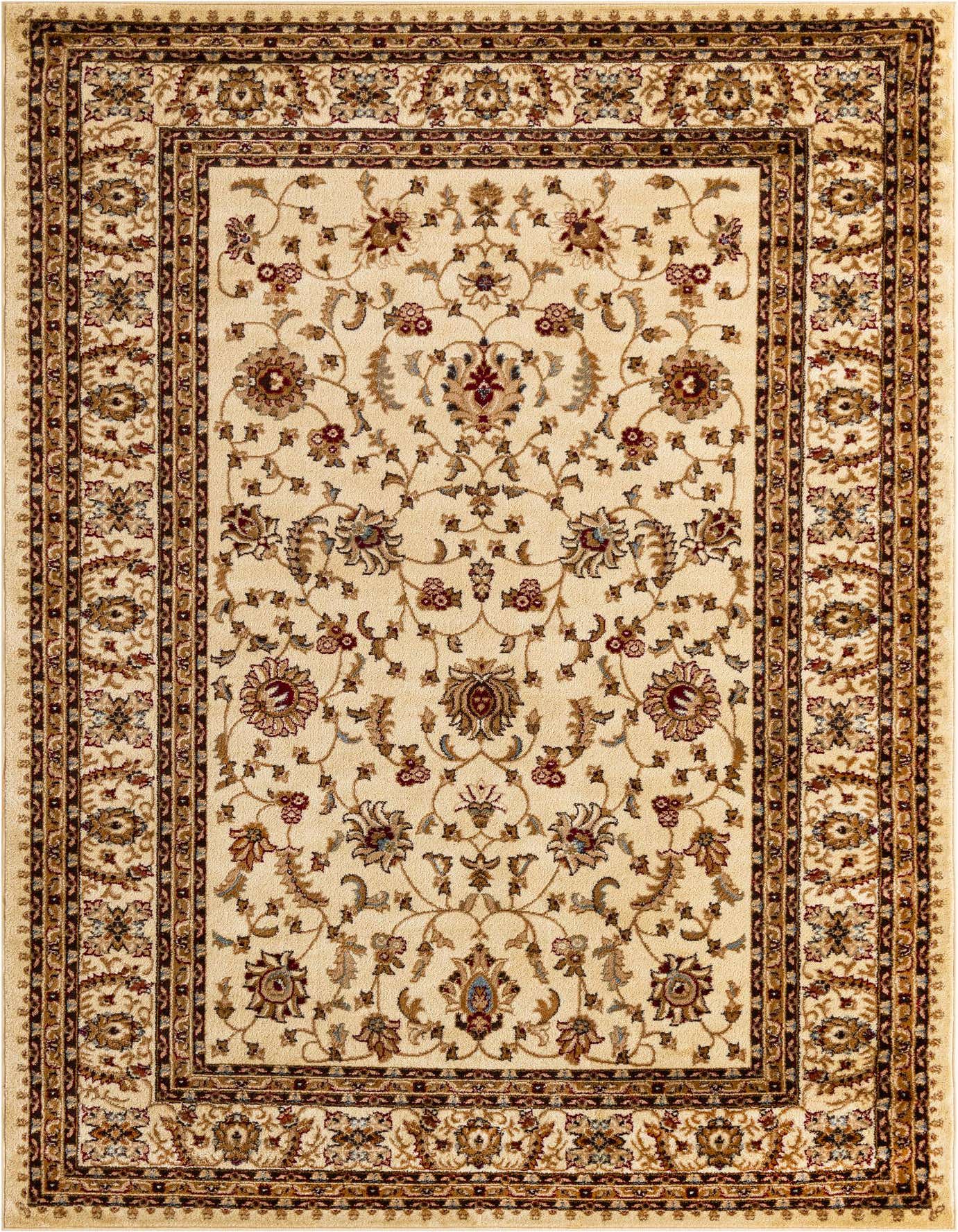 A 7x10 rectangular ivory traditional rug with an intricate floral and oriental pattern and a detailed border.