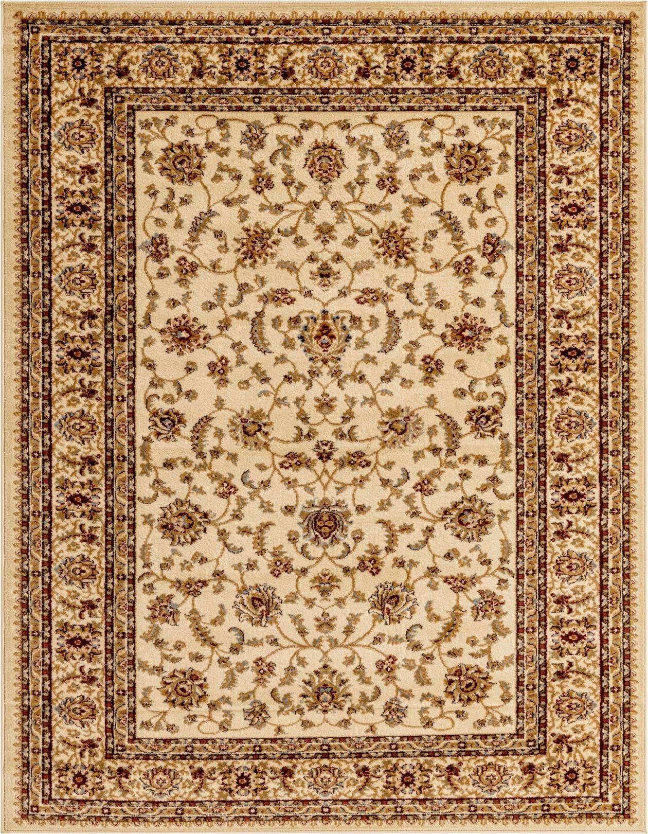 A 5x8 rectangular ivory traditional rug with a detailed floral and oriental pattern, featuring cream, brown, and subtle blue accents.