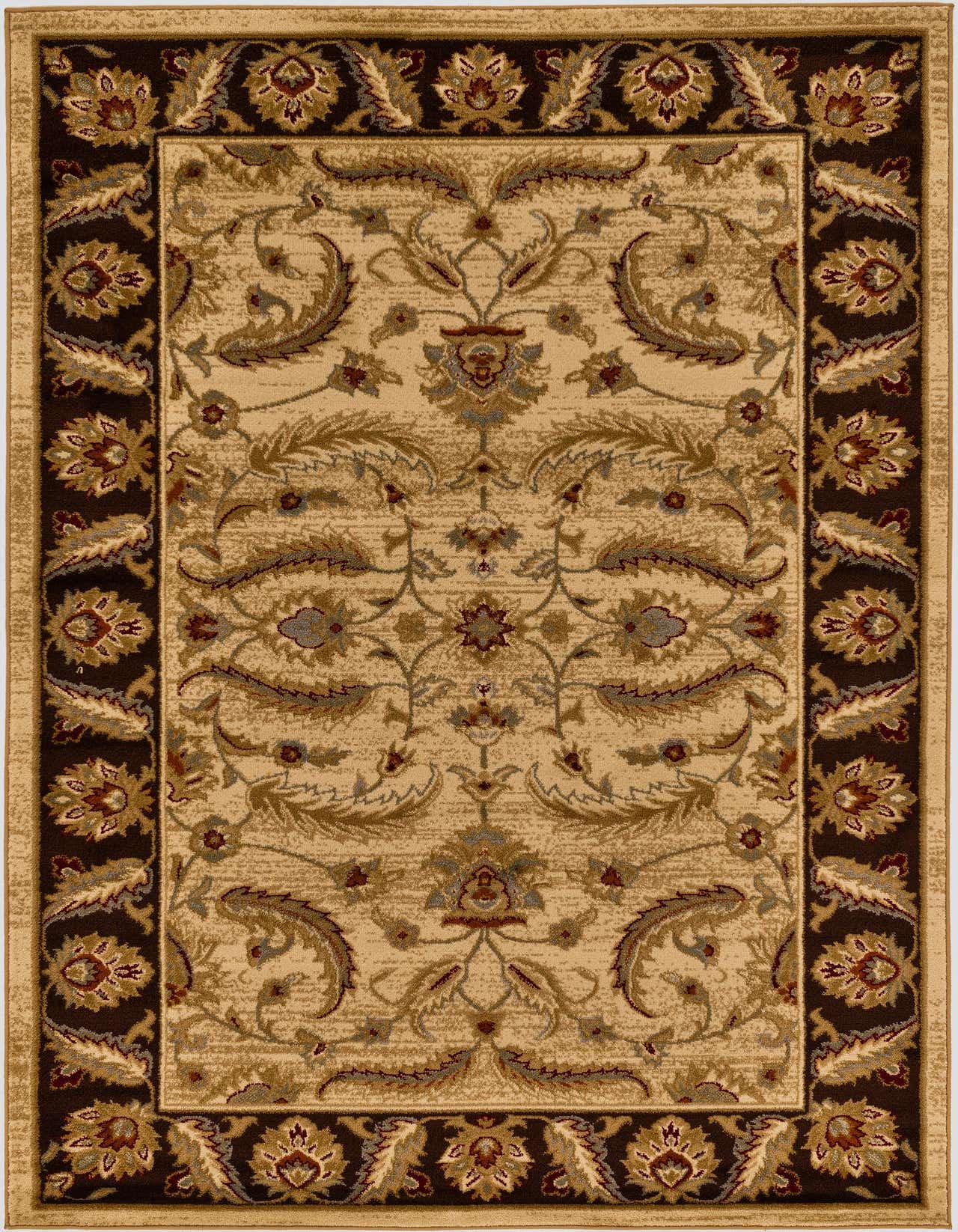 A 5x8 rectangular ivory area rug with a traditional botanical pattern and a dark brown border, suitable for a living room.