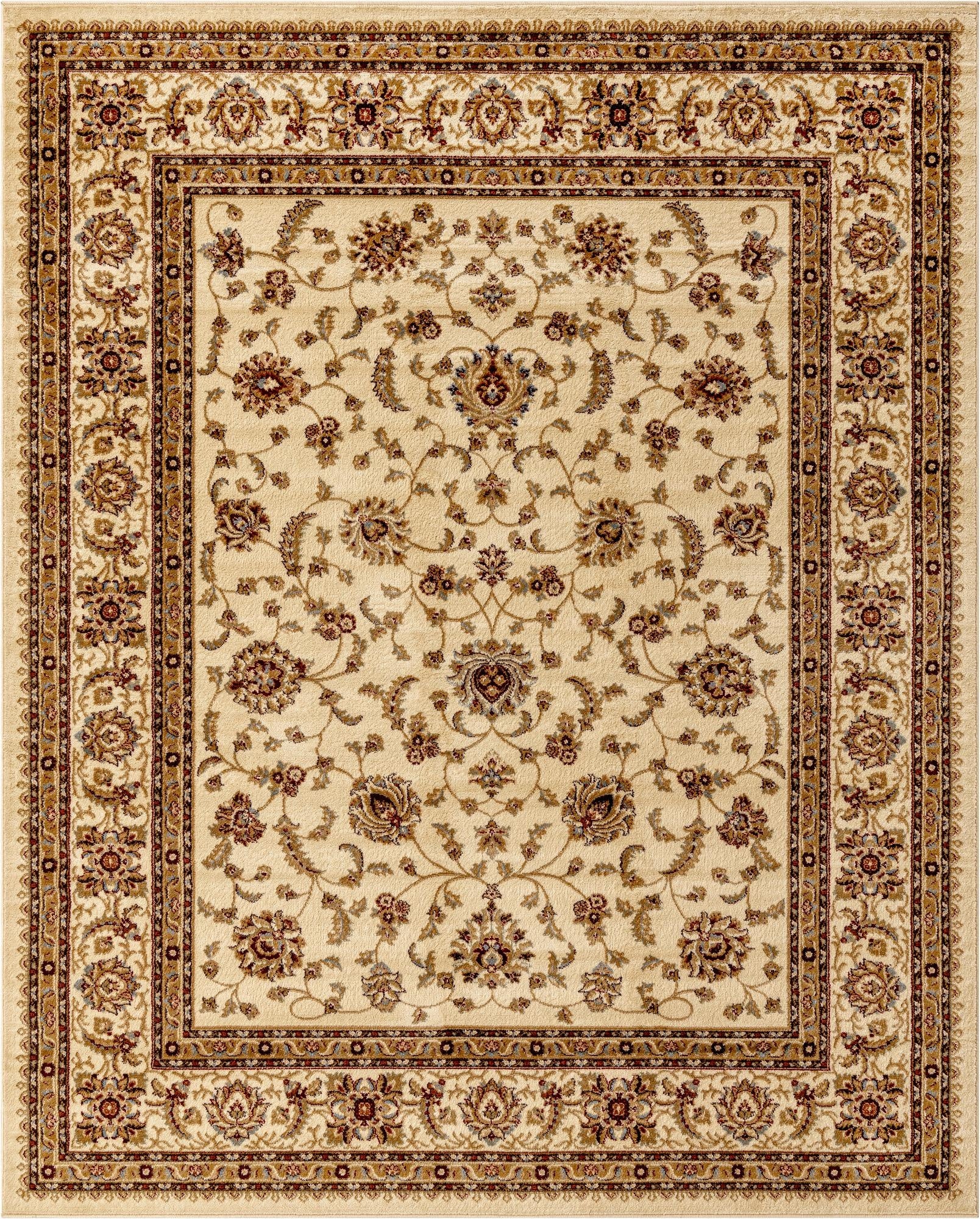 An 8x10 rectangular ivory traditional area rug with a detailed floral and vine pattern, featuring a multi-layered border.