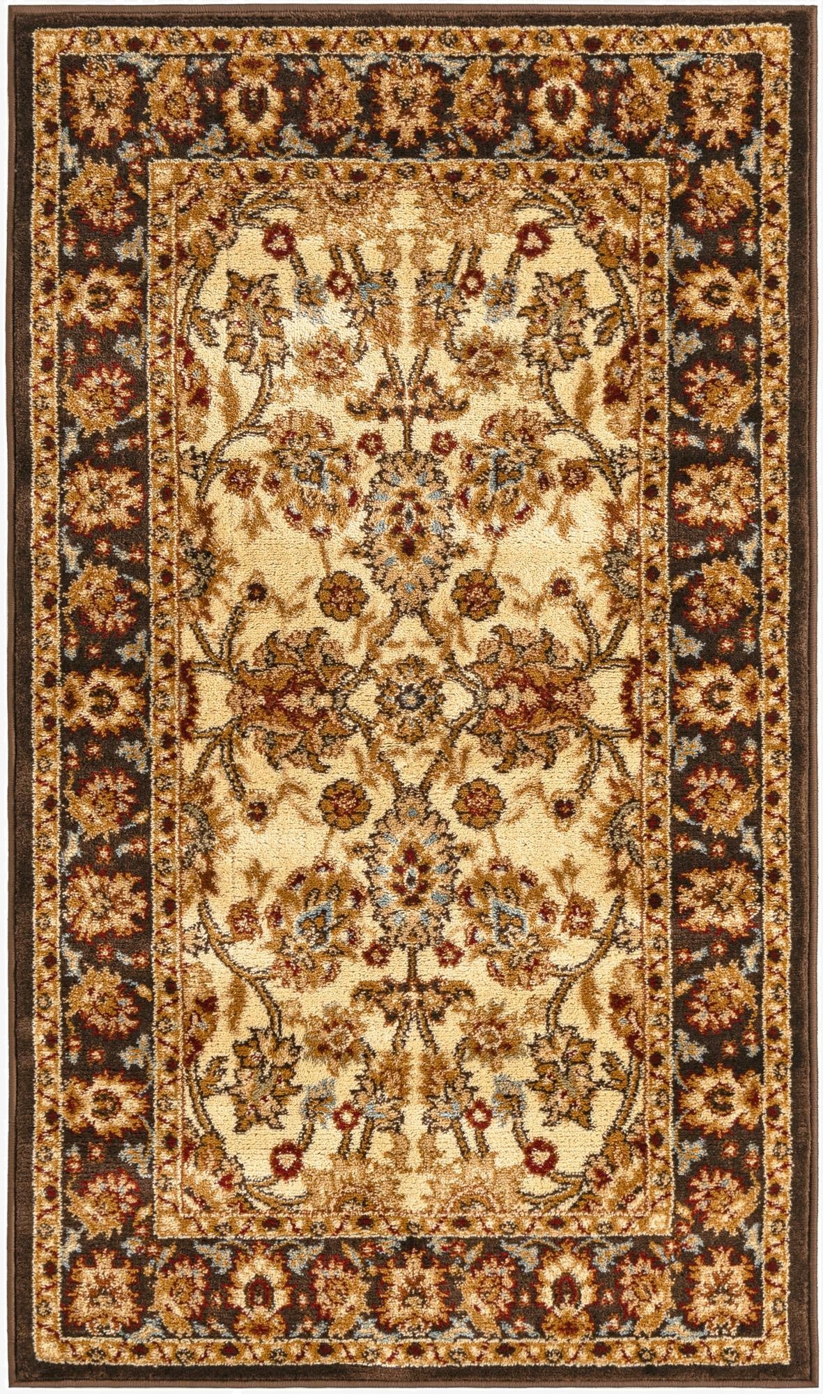 A 3x5 rectangular Aditi rug featuring a traditional ivory and cream floral pattern with a dark brown border.