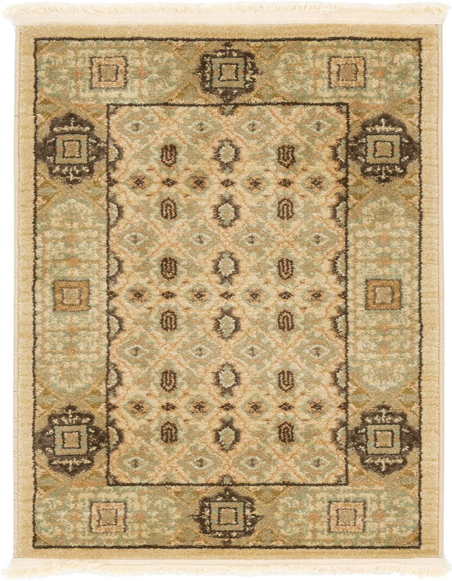 A 2x3 rectangular Amina rug in ivories and creams with a traditional botanical and tribal pattern, featuring a medium pile and fringe.