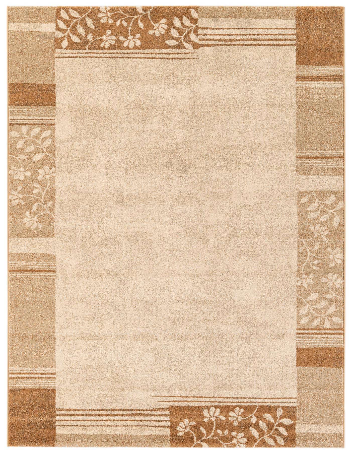 A 5x7 rectangular ivory area rug with a modern floral border in shades of brown and cream.