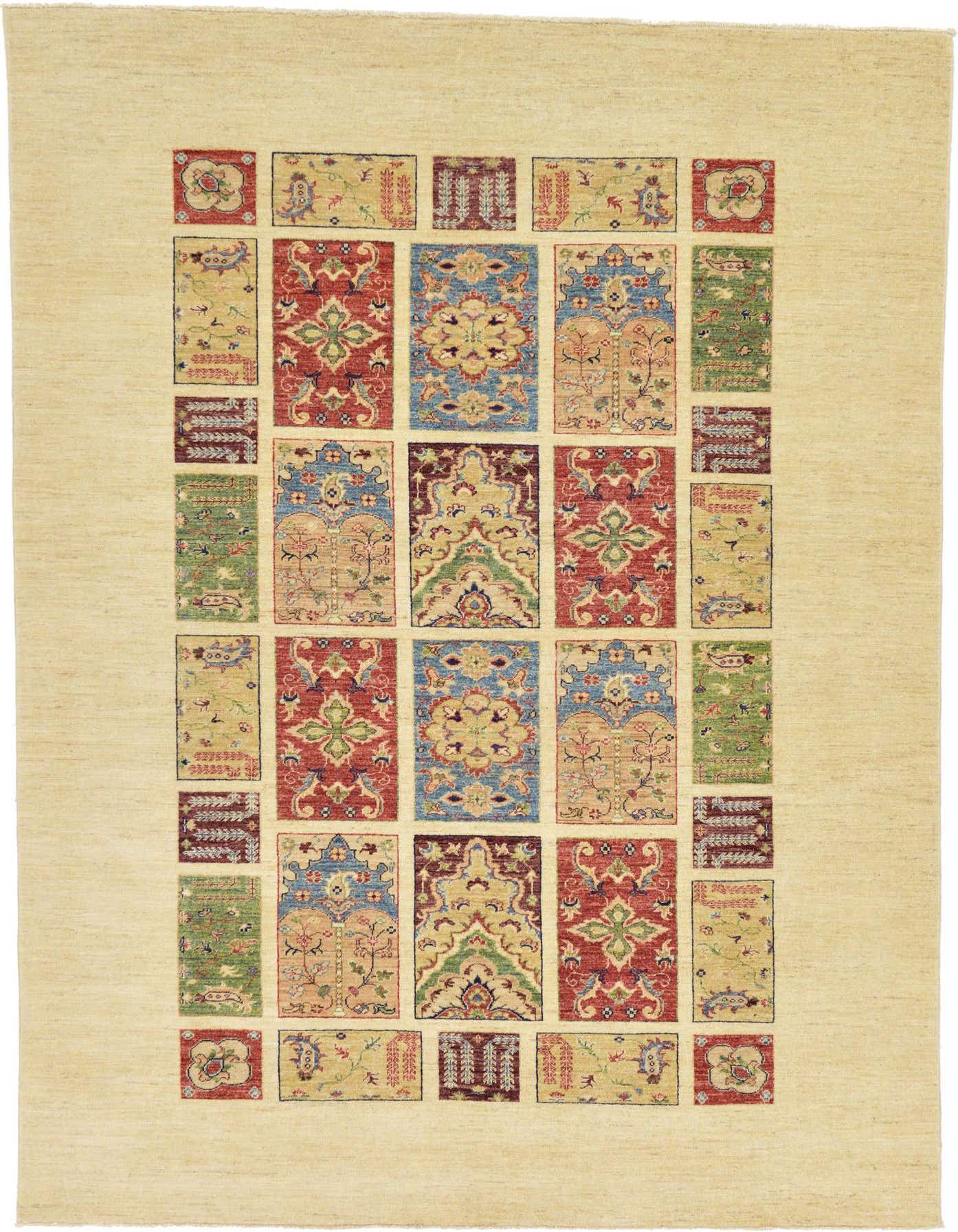 7x10 rectangular ivory wool rug with a central grid of colorful botanical and traditional oriental patterns in red, blue, green, and gold.