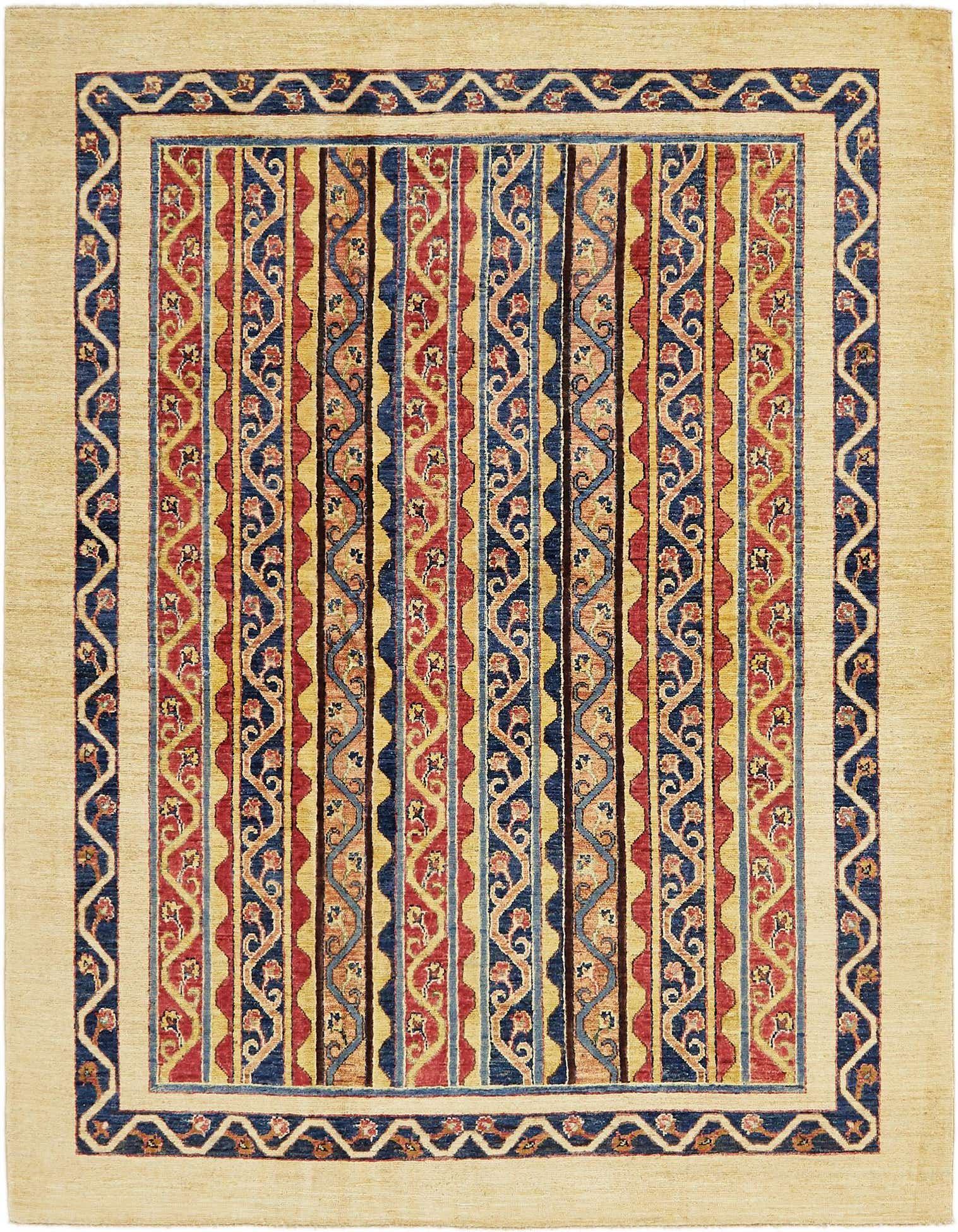 A 6x9 rectangular Ariana Ziegler rug featuring a central panel of red, blue, and gold stripes with tribal patterns, bordered by a cream field and a navy blue Southwestern-style border.