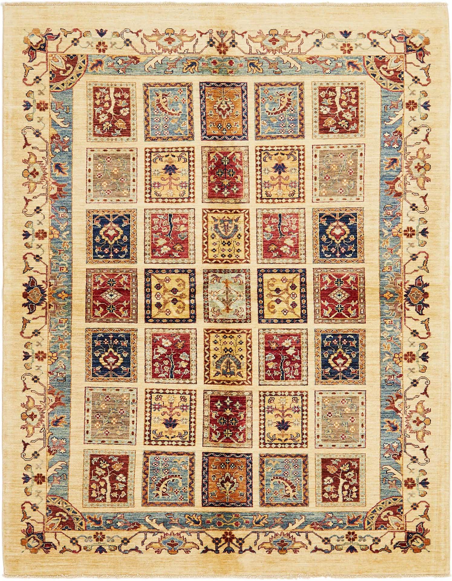 A 6x9 rectangular Ariana Ziegler wool rug in ivory with a traditional botanical pattern and a grid of colorful squares.