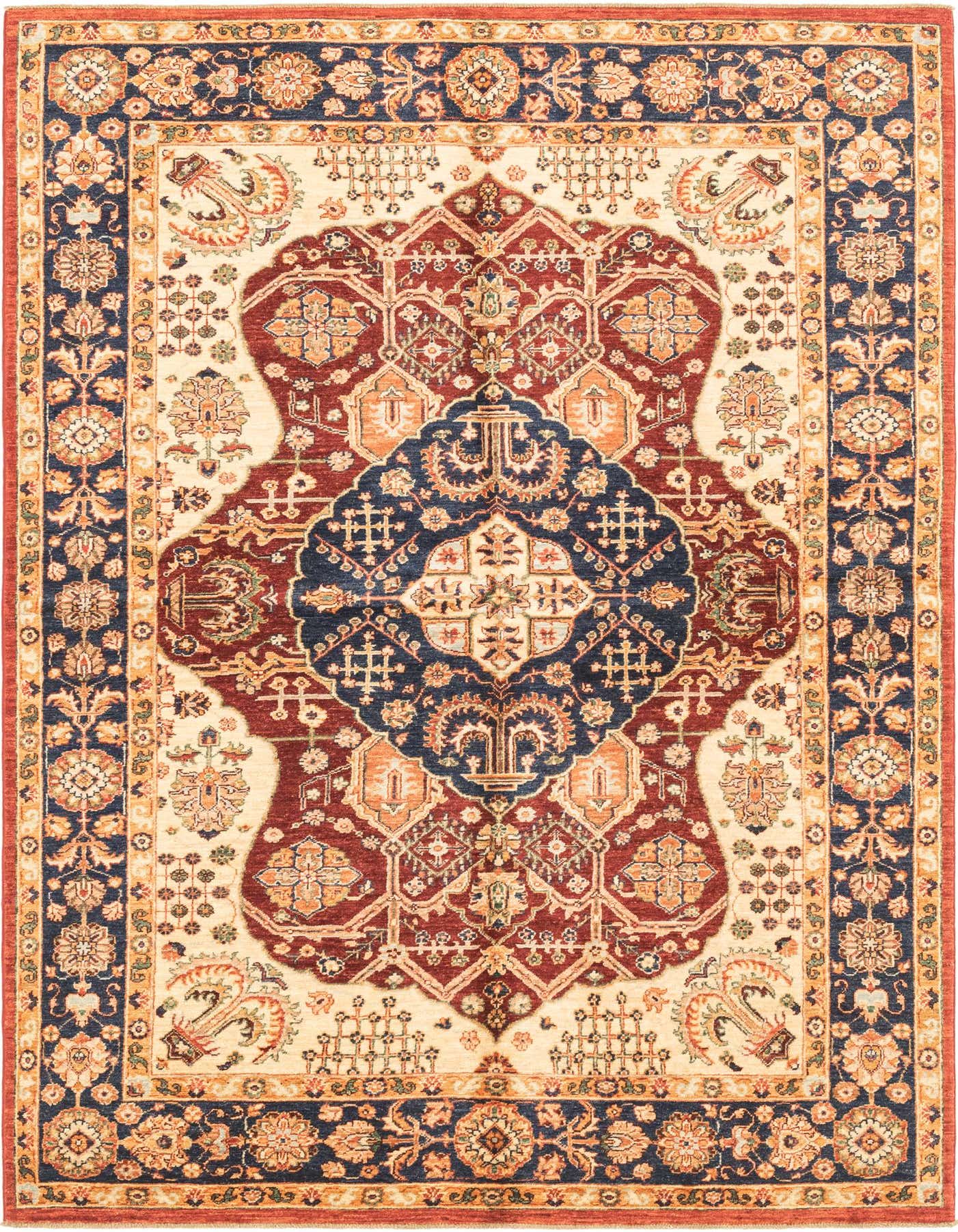 A 6x9 rectangular Ariana Ziegler rug featuring a traditional ivory, red, and navy medallion pattern with intricate floral borders.