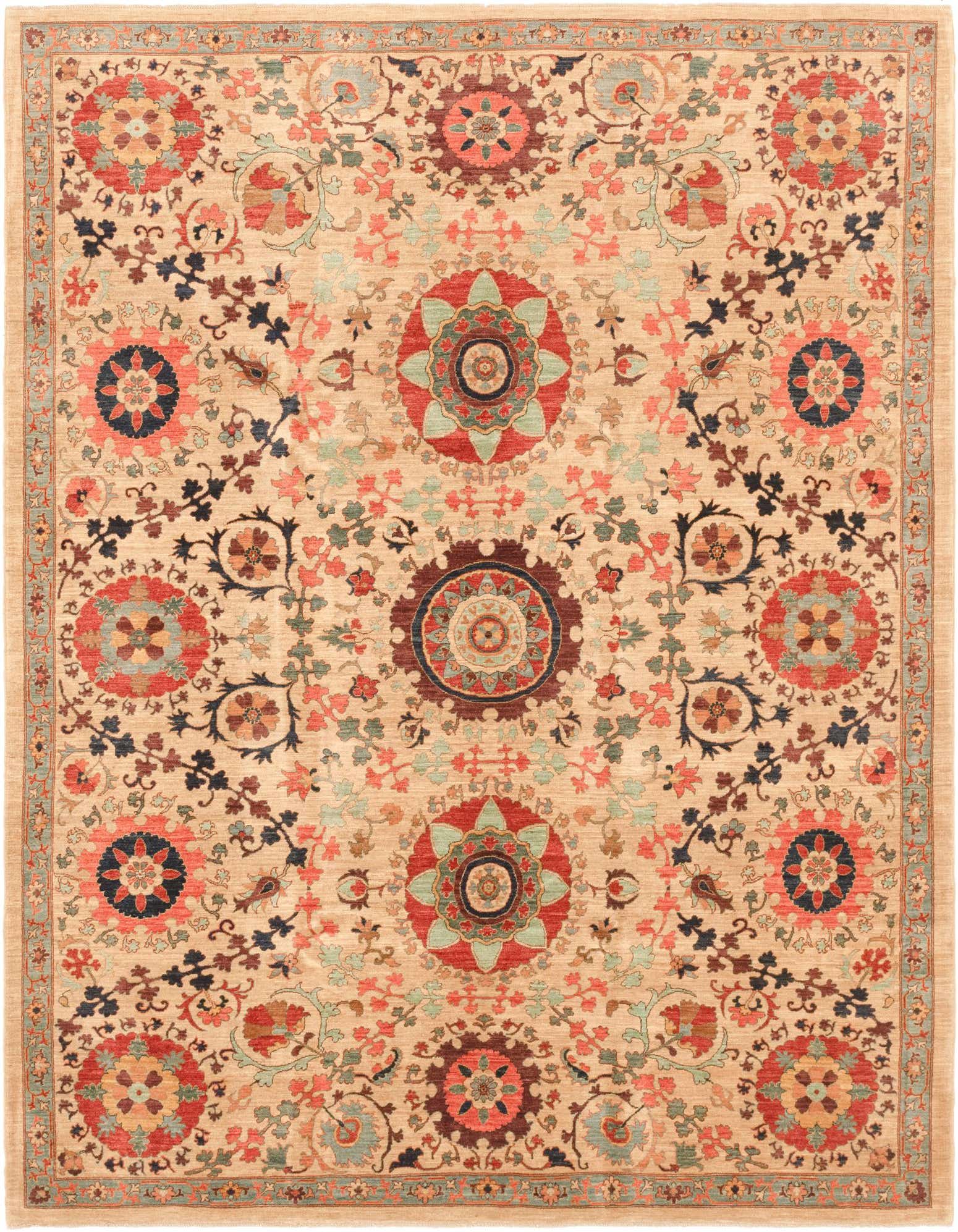 An 8x11 rectangular Ariana Ziegler rug featuring a traditional medallion pattern in ivories, creams, reds, and blues.